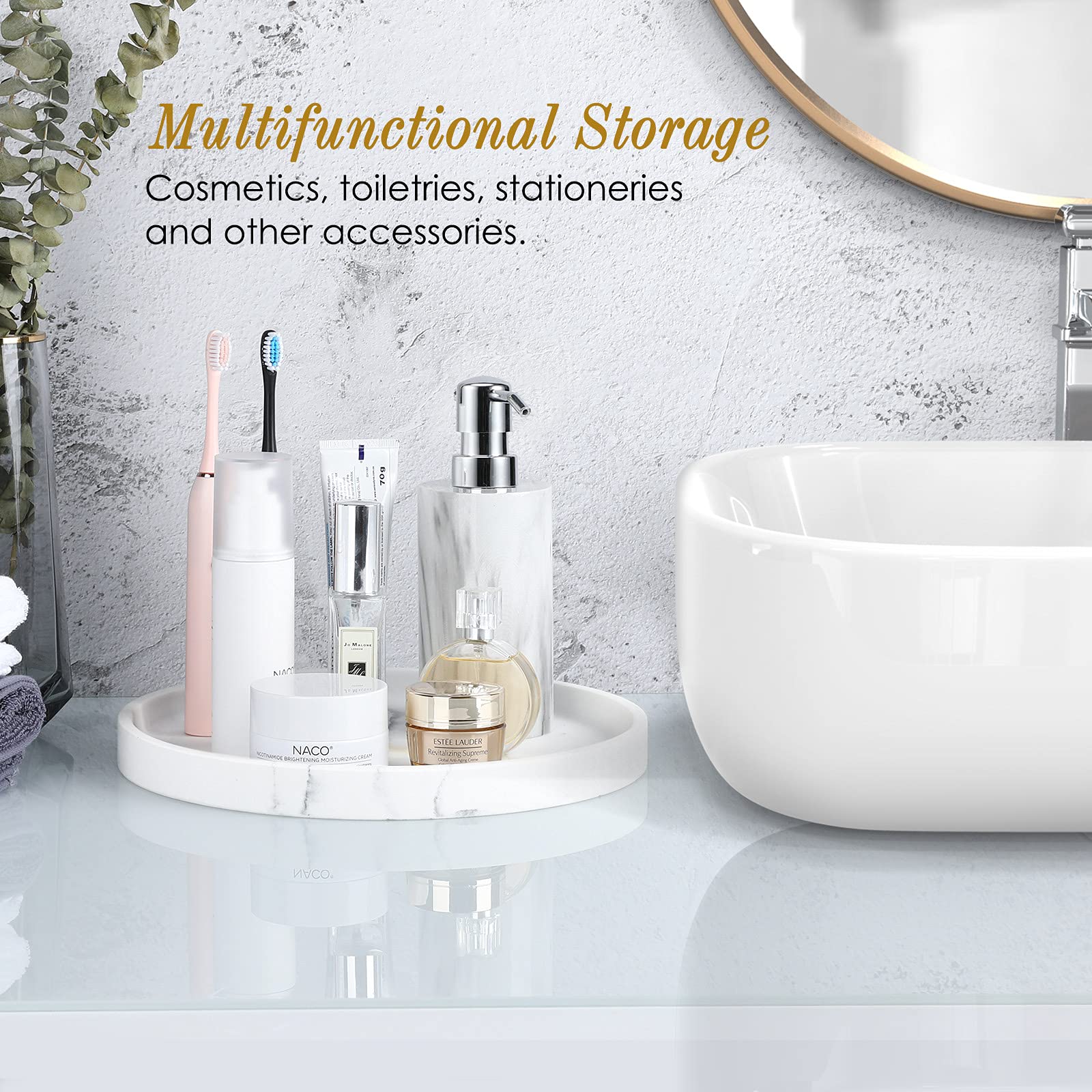 Luxspire 10.63 Inch Round Vanity Tray - White Resin Bathroom & Kitchen Countertop Organizer for Jewelry, Perfume, Candles - Decorative Dresser & Coffee Table Tray with Gravel Texture - Perfect for Home Decor, Gift Giving & Spa Day Organization