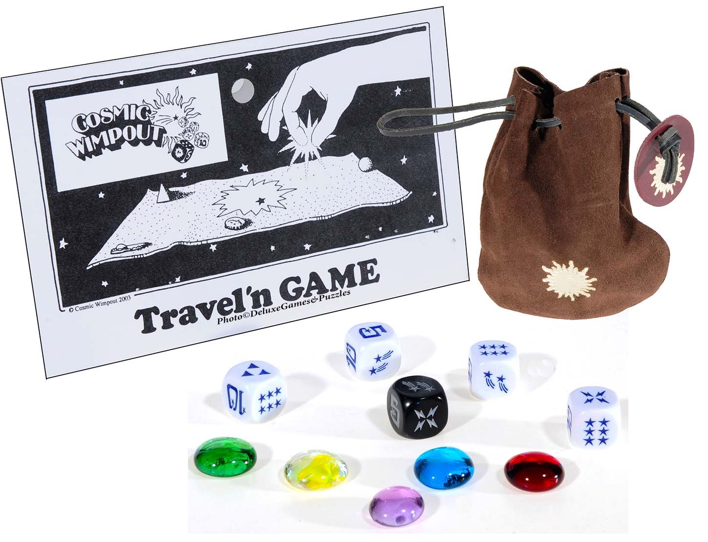Cosmic Wimpout Deluxe Travel Dice Game Set with Red Cloth Scoreboard & 5 Glass Gemstones - Perfect for Road Trips, Camping & Family Game Nights