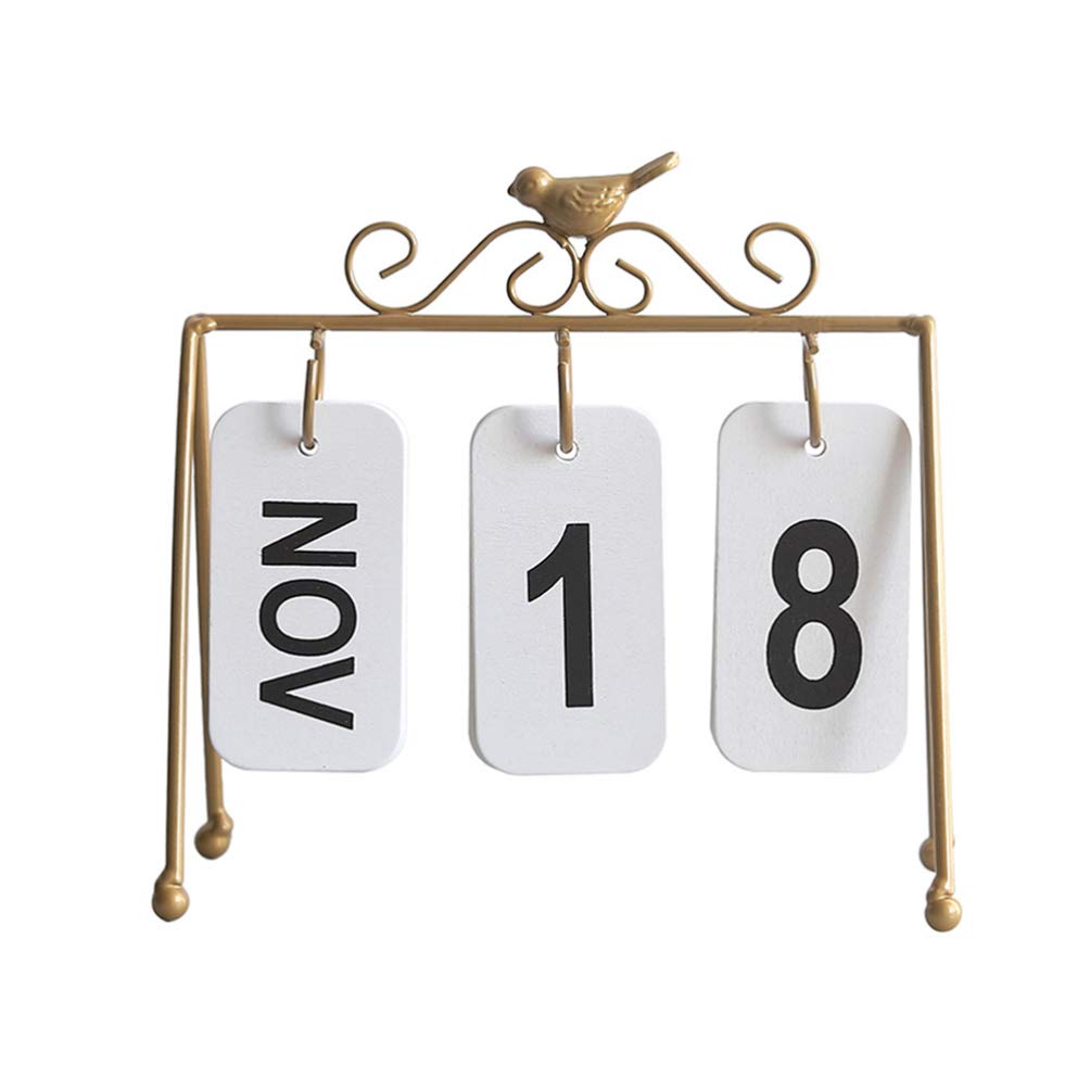 Exceart Vintage Iron Perpetual Desk Calendar - Flip Page Office Organizer with Photocard Holder, Eternal Calendar Display Stand for Home & Office Decor