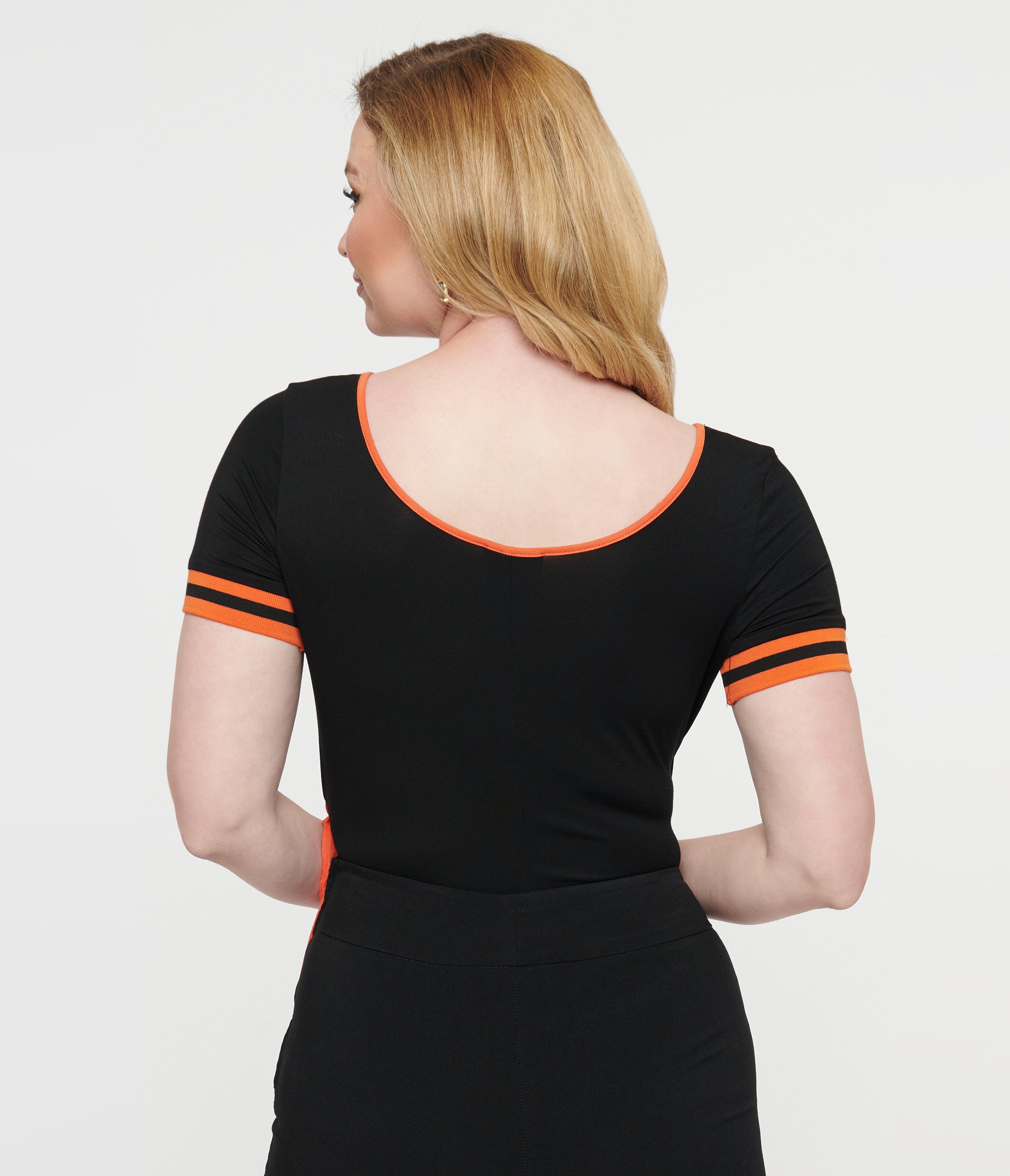 Vintage 1970s Black & Orange Pumpkin Print Surplice Bodysuit - Retro Halloween Costume, 70s Theme Party Outfit, Unique Vintage Fashion for Women