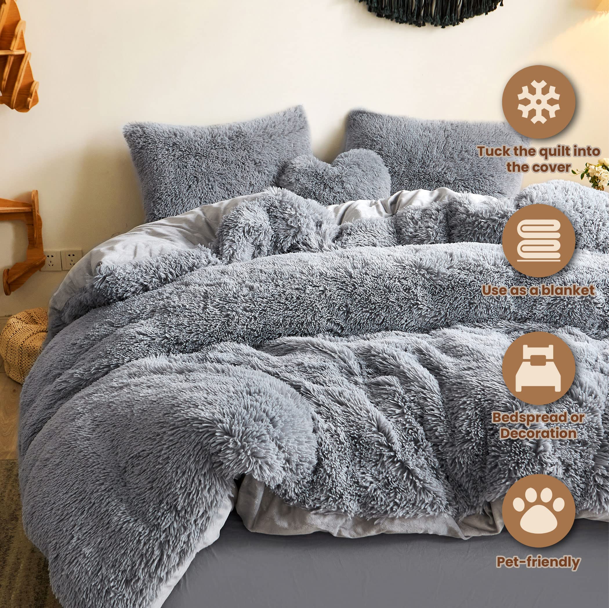 Luxury Shaggy Faux Fur Duvet Cover Set - Ultra Soft 2 Piece Fluffy Comforter Cover with Zipper Closure, Fuzzy Bedding Set (1 Plush Furry Duvet Cover + 1 Pillowcase) for Twin Size Bed in Light Grey - Perfect for Cozy Winter Nights and Stylish Bedroom Decor