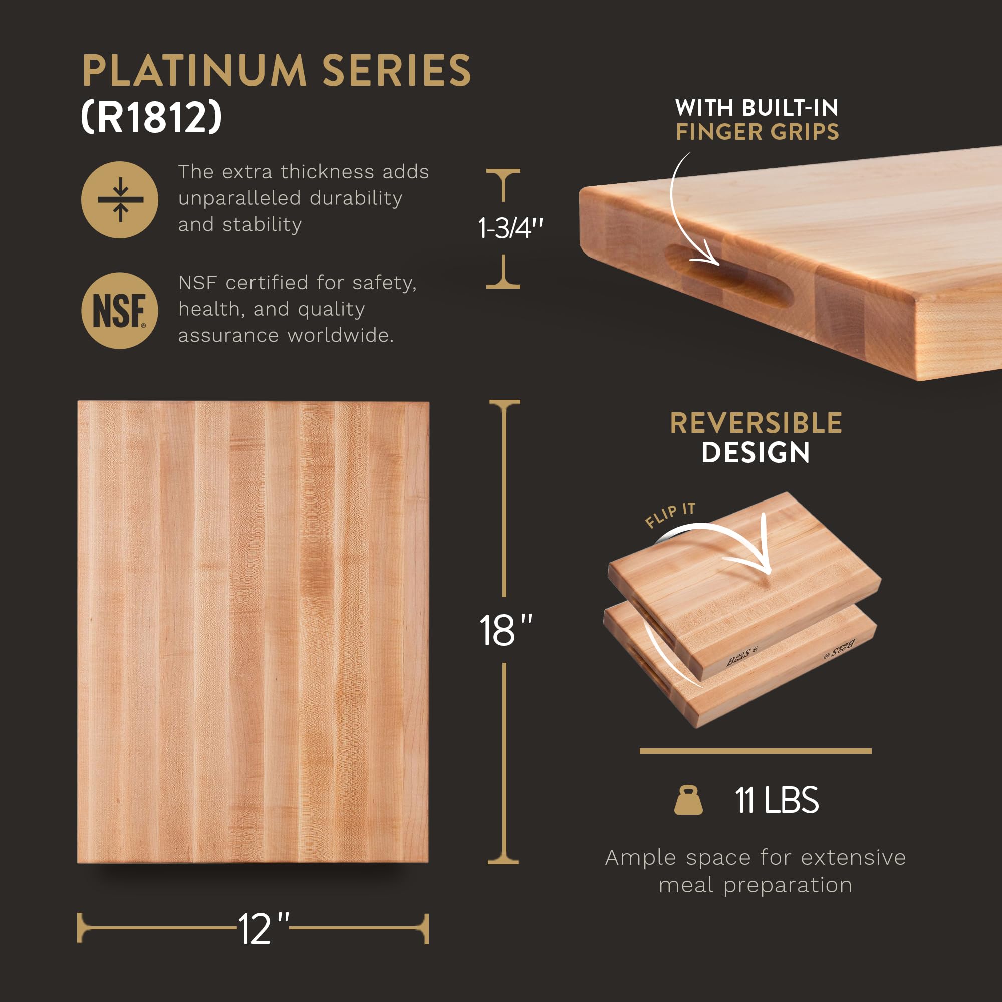 Premium John Boos Platinum Series Reversible Maple Wood Cutting Board - 18
