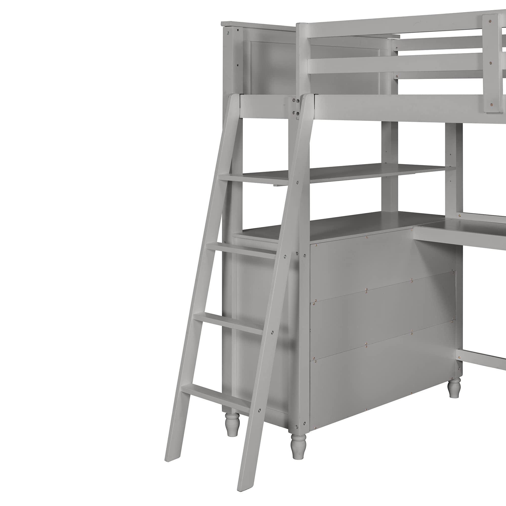**Solid Wood Twin Loft Bed with Desk for Kids - Sturdy Loft Bed Frame with 3 Drawers & 3 Storage Shelves, Multi-Functional Study & Sleep Space with Ladder & Guardrails (Gray) - Perfect for Small Bedrooms, Dorms & Kids' Rooms**
