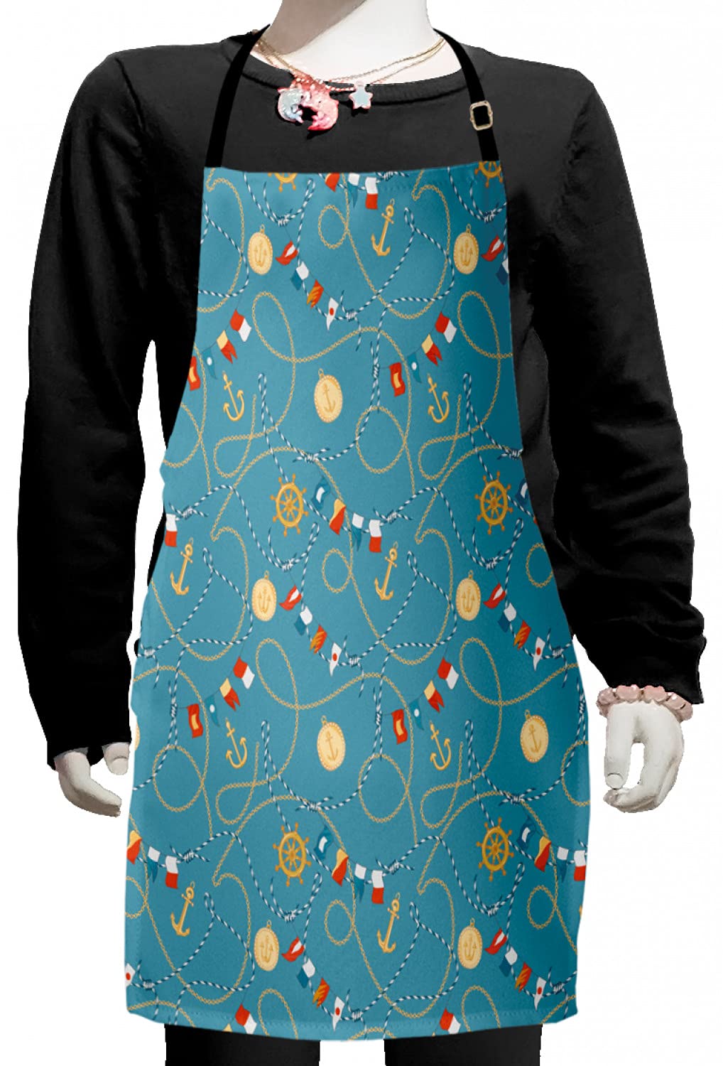 Ambesonne Blue Nautical Apron with Sailor Anchor Medals, Chains & Steering Wheel Print - Adjustable Ties for Baking, Painting & Cooking - Perfect for Kitchen, BBQ, Art Classes & Home Decor (Small Size, Cadet Blue Beige)