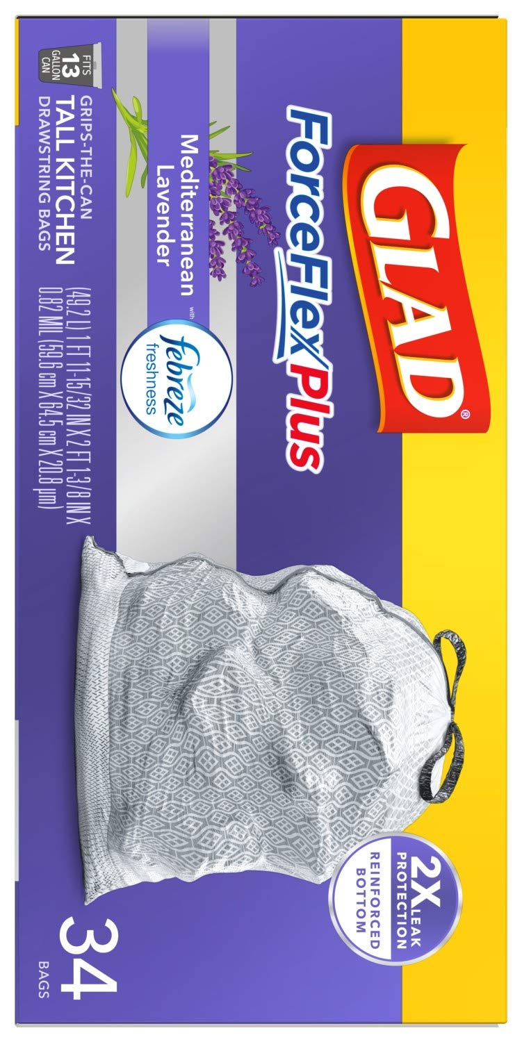 Glad ForceFlexPlus Tall 13 Gallon Drawstring Trash Bags with Febreze Freshness - Lavender Scented Heavy Duty Garbage Bags (34 Count) for Kitchen, Bathroom & Office Waste Disposal