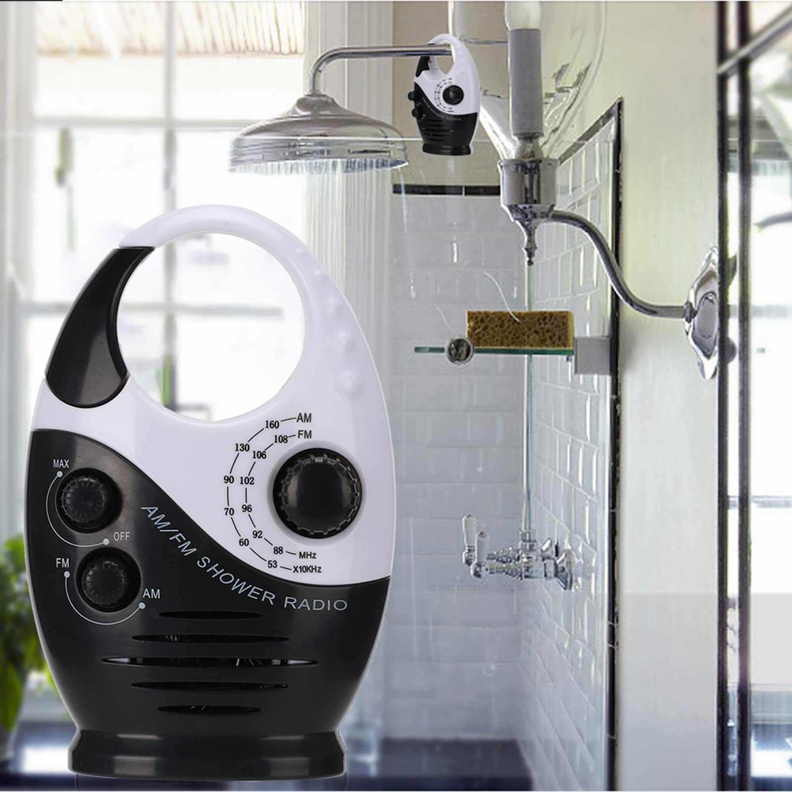 Waterproof Shower Radio - Portable AM/FM Radio with Adjustable Volume, Battery Powered Speaker with Hook Handle - Perfect for Bathroom, Bedroom, Garage & Outdoor Use
