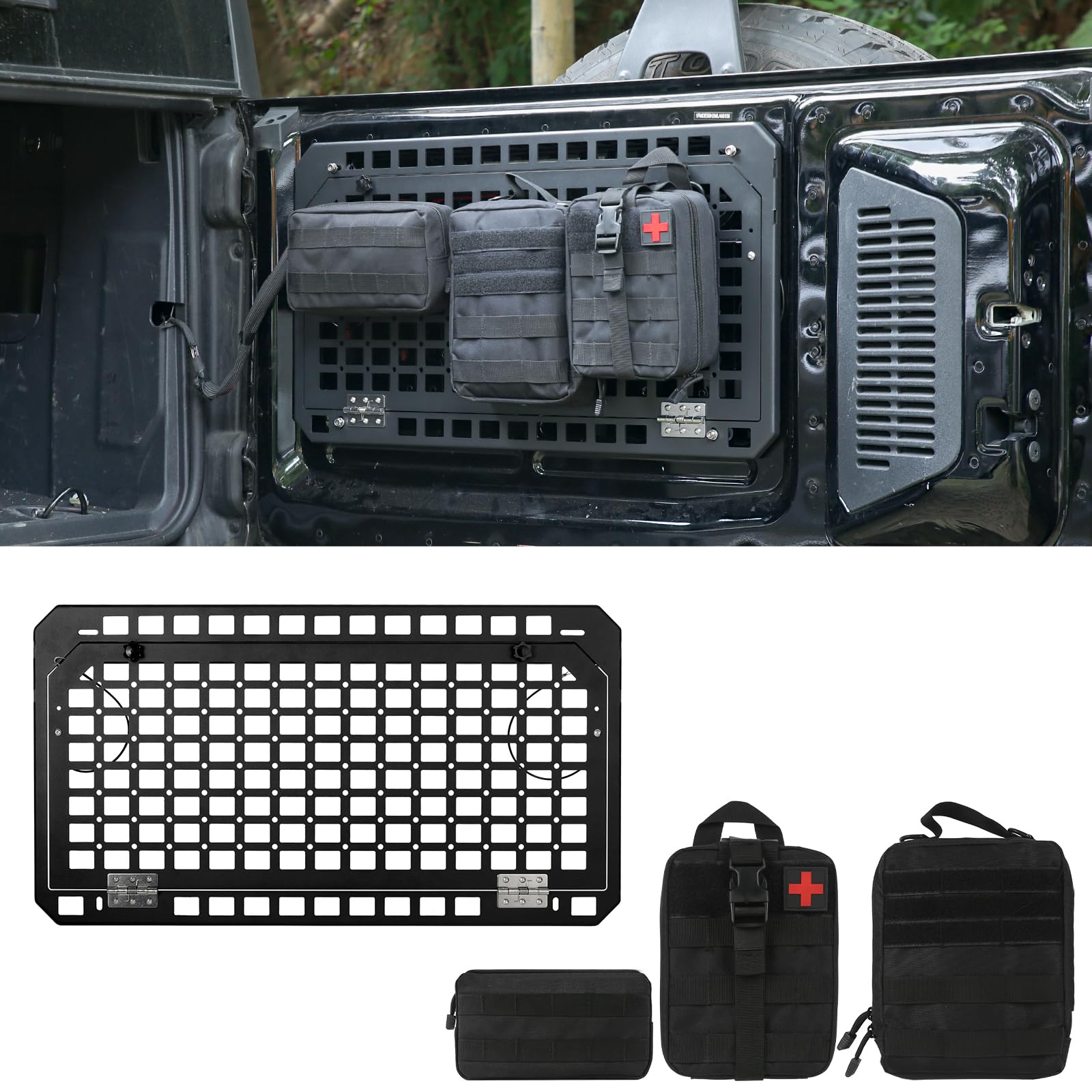 2021-2024 Ford Bronco Tailgate Table - Foldable Rear Cargo Rack with 3 Storage Bags & MOLLE Panel | Heavy-Duty Storage Shelf for Camping Gear, Tools & Off-Road Accessories (Fits Bronco Only, Not Bronco Sport)