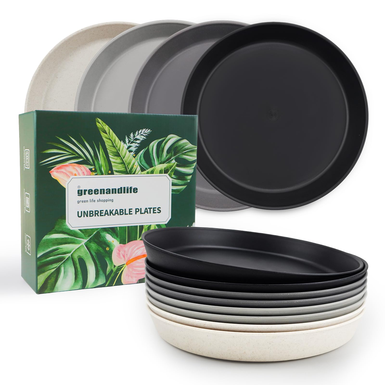 Eco-Friendly 9.3 Inch Wheat Straw Dinner Plates Set of 8 - BPA Free, Dishwasher & Microwave Safe, Unbreakable & Lightweight - Perfect Alternative to Plastic Plates for Kids & Adults (Grey & Black) - Ideal for Family Dinners, Picnics, Camping & Outdoor Parties