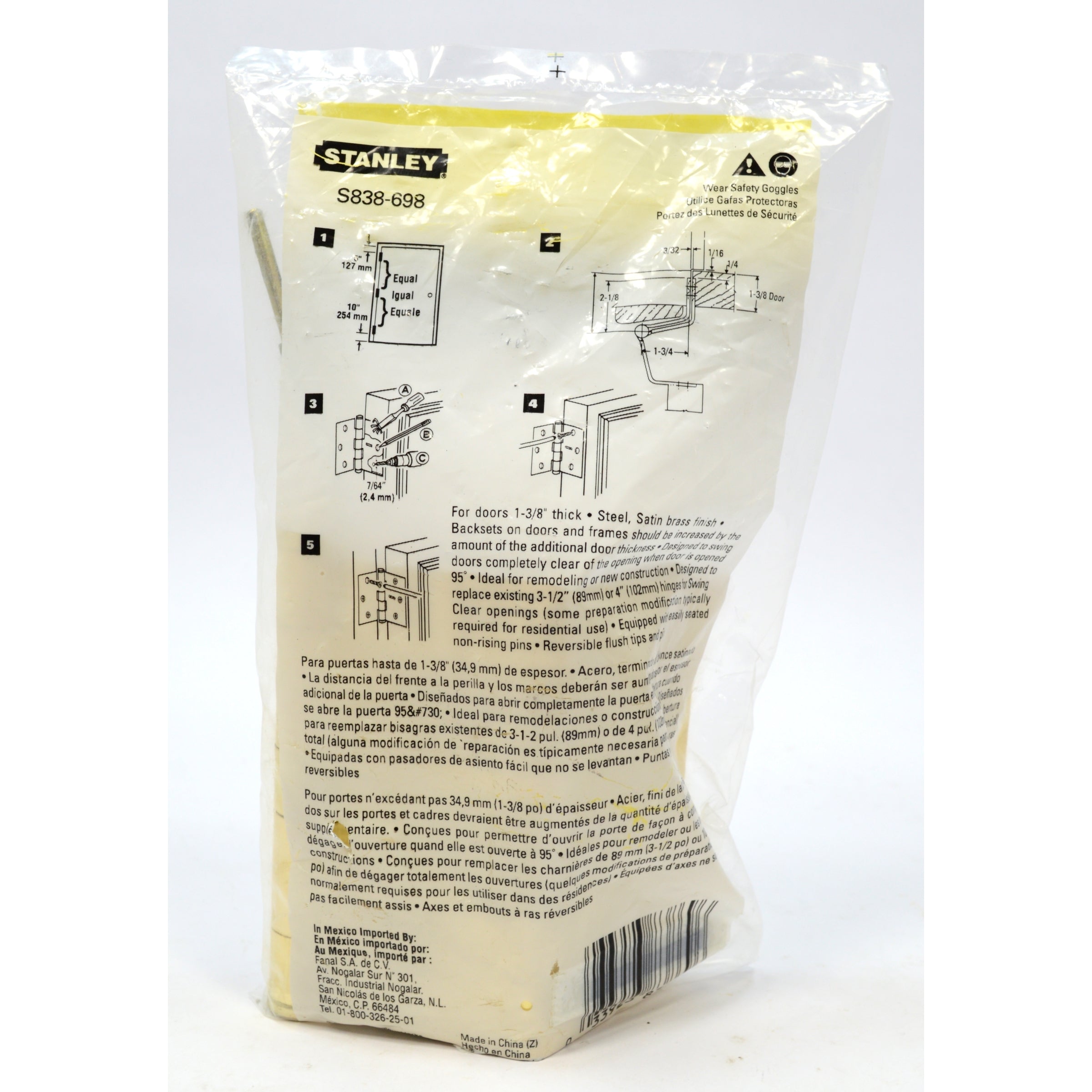 STANLEY S838 698/DPBF248 Full Mortise Swing Clear Hinges - Satin Brass Finish - Heavy Duty Door Hinges for Interior/Exterior Doors - Perfect for Homes, Offices & Commercial Buildings