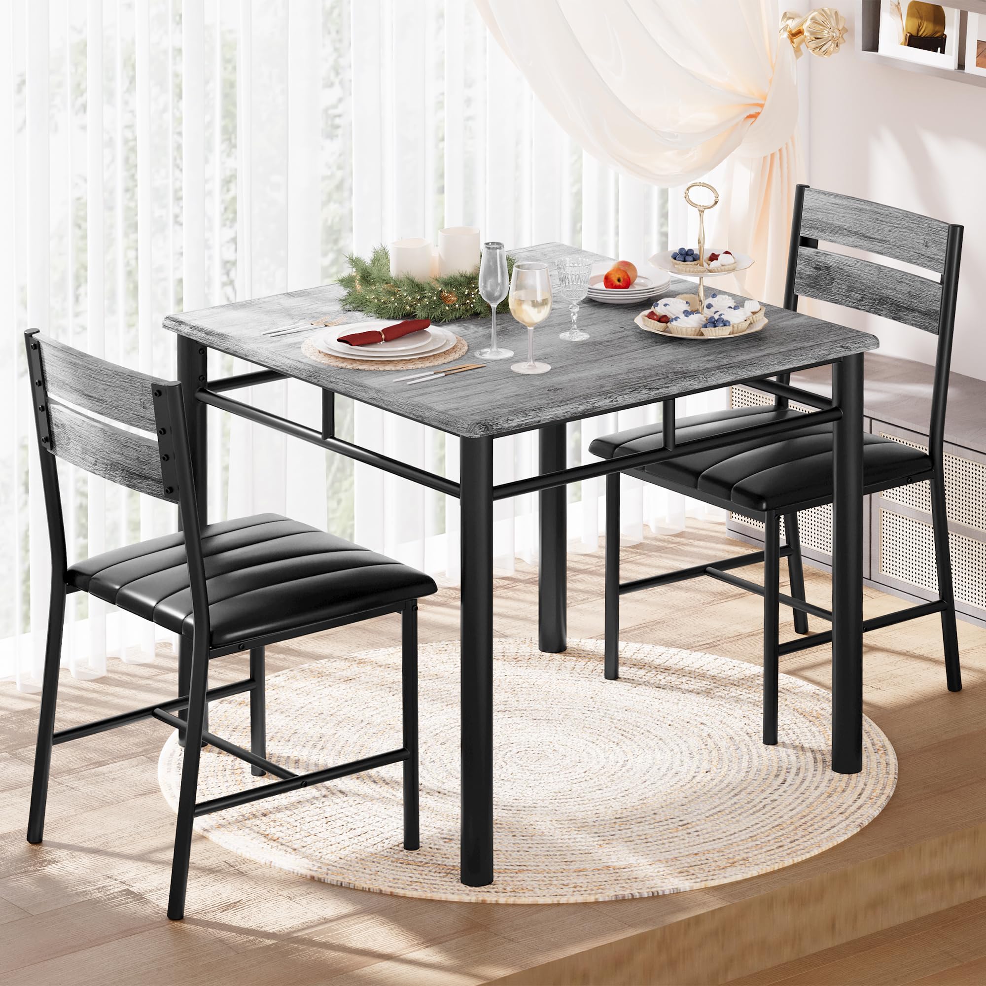 IRONCK 2-Person Dining Table Set with Upholstered Chairs - Compact Kitchen Table for Small Spaces, Gray - Perfect for Apartments, Breakfast Nooks & Cozy Dining Rooms