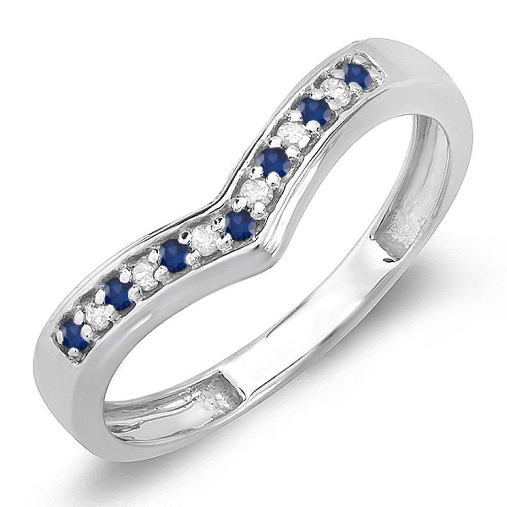 10K Solid Gold White Diamond & Blue Sapphire Stackable Wedding Band Ring for Women - Anniversary, Engagement, or Bridal Jewelry Gift - Perfect for Stacking, Everyday Wear & Special Occasions