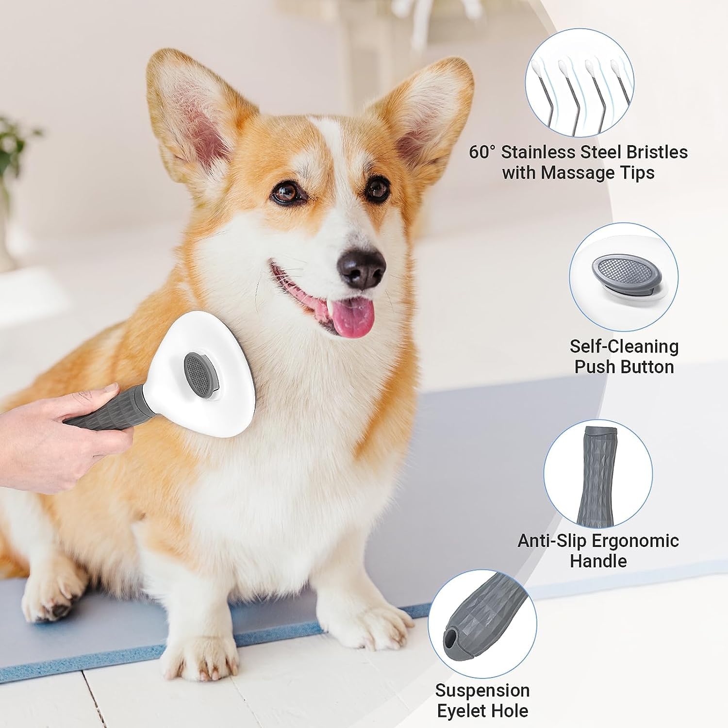 Self-Cleaning Dog & Cat Brush - Grooming Slicker Brush with Smooth Handle & Cleaning Button - Pet Hair Removal & Massage Tool for Dogs & Cats (Grey) - Perfect for Daily Grooming, Shedding Control & Relaxing Pet Massage at Home
