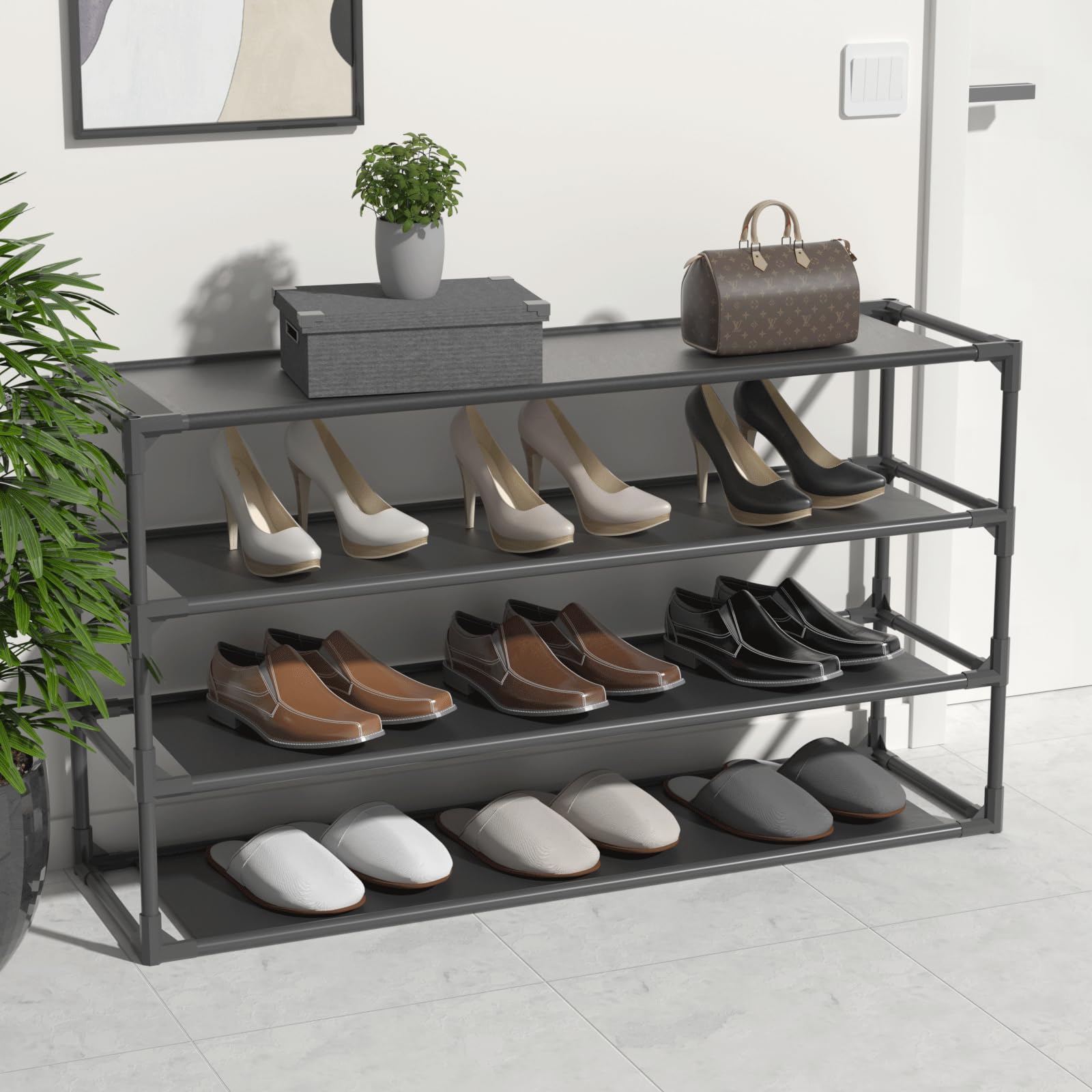 2-Pack 4-Tier Shoe Rack Organizer with Detachable Metal Frame & Non-Woven Fabric - Space Saving Shoe Storage Cabinet for Entryway, Hallway, Bathroom - Perfect for Small Spaces and Apartment Living