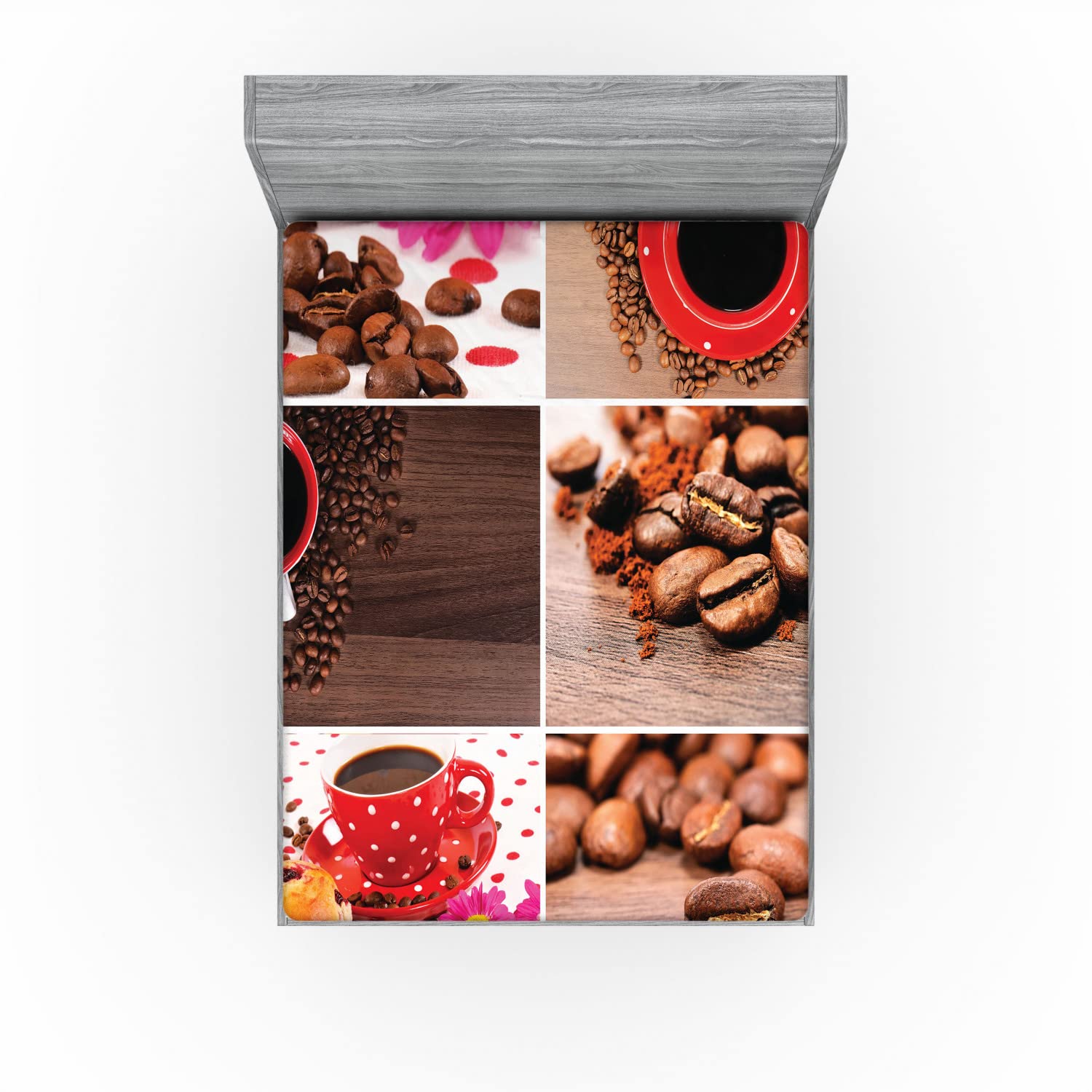 Ambesonne Coffee Themed Fitted Sheet - Queen Size Brown Red Bed Cover with All-Around Elastic Deep Pocket | Coffee Mugs, Polka Dots, Flowers, Beans & Muffins Photography Design | Perfect for Bedroom Decor, Gift for Coffee Lovers & Cozy Home Styling