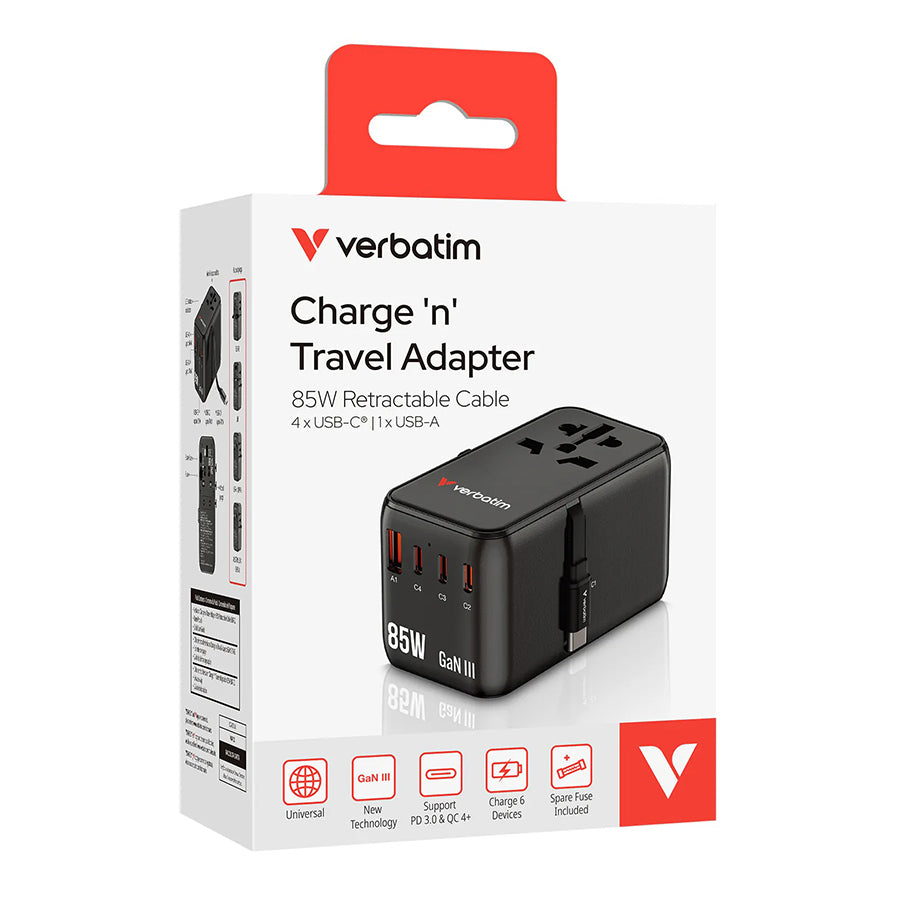 Verbatim 85W Charge 'N' Travel Adapter - Universal Power Converter for Laptops & Devices - Perfect for Business Travelers & Digital Nomads