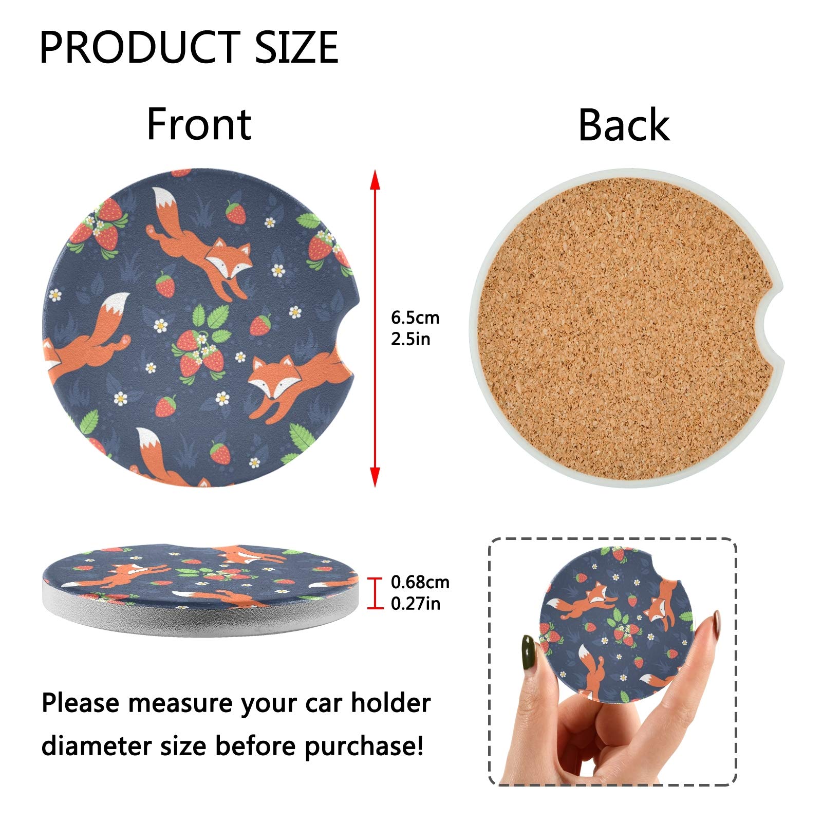 Qilmy Fox Car Cup Holder Coasters Set of 2 - Absorbent Ceramic Stone Coasters with Finger Notch for Easy Removal | Perfect for Coffee, Soda & Water Bottles in Vehicles