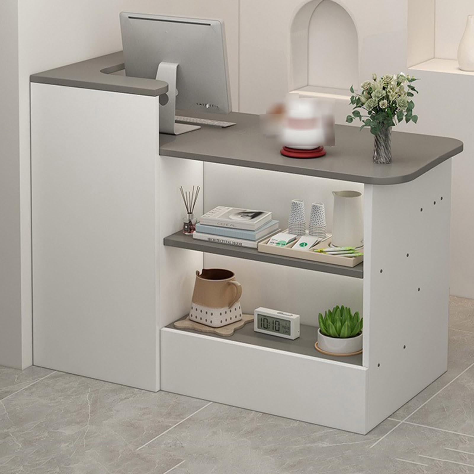 Modern L-Shaped Wooden Reception Desk Counter with Open Shelves & Drawers - Elegant Front Office Furniture for Hotels, Retail Stores, Beauty Salons & Convenience Stores - Perfect for Checkout, Cashier & Customer Service Areas