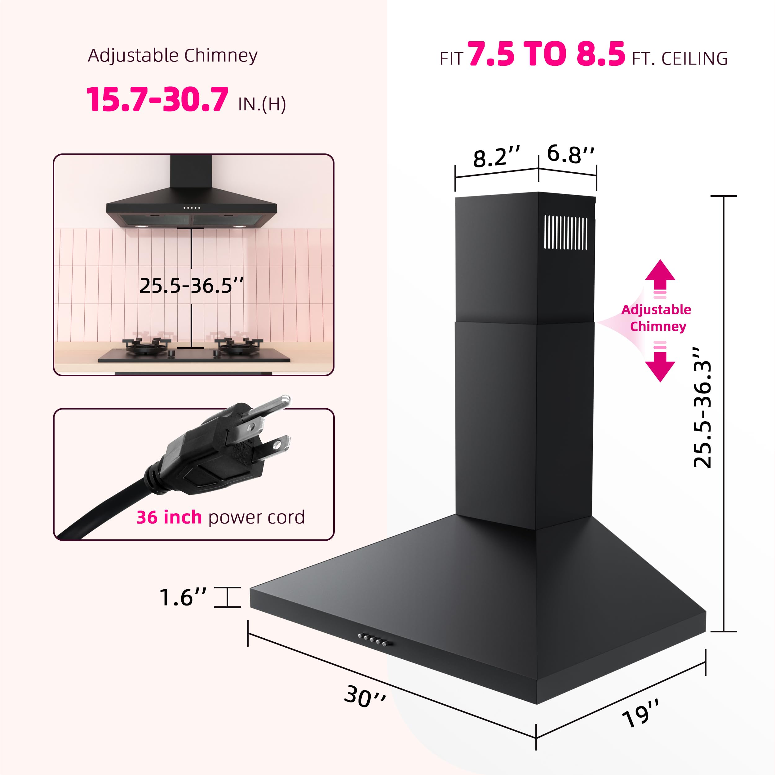 FIREGAS 30 Inch Black Stainless Steel Range Hood - 450 CFM Wall Mount Kitchen Vent with 3-Speed Exhaust Fan & LED Lights | Ducted/Ductless Convertible Design | Includes Charcoal Filters | Perfect for Modern Kitchens, Restaurants & Open-Concept Homes