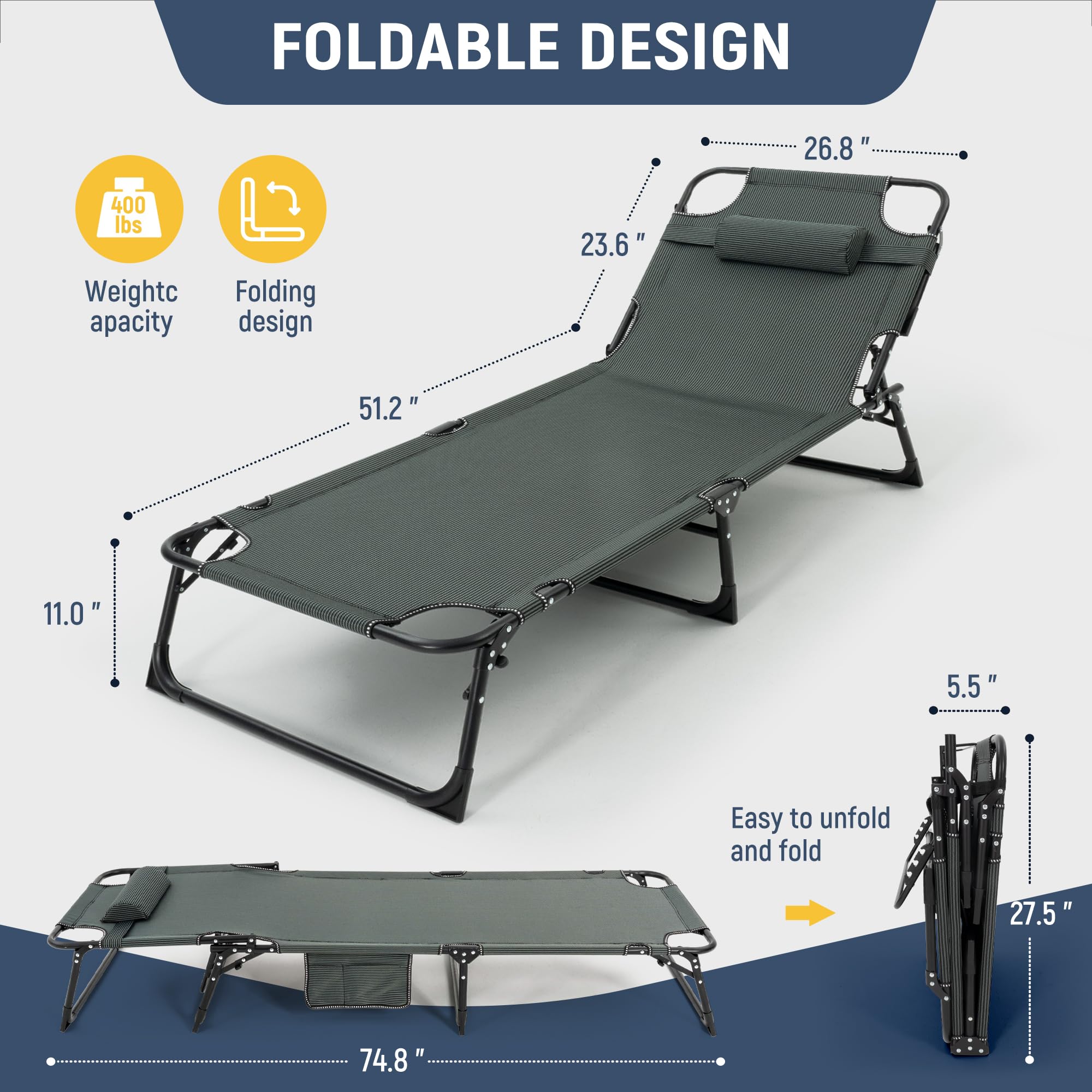 Ropoda 4-Position Camping Cot with Mattress - Durable Steel Frame for Outdoor & Patio Use