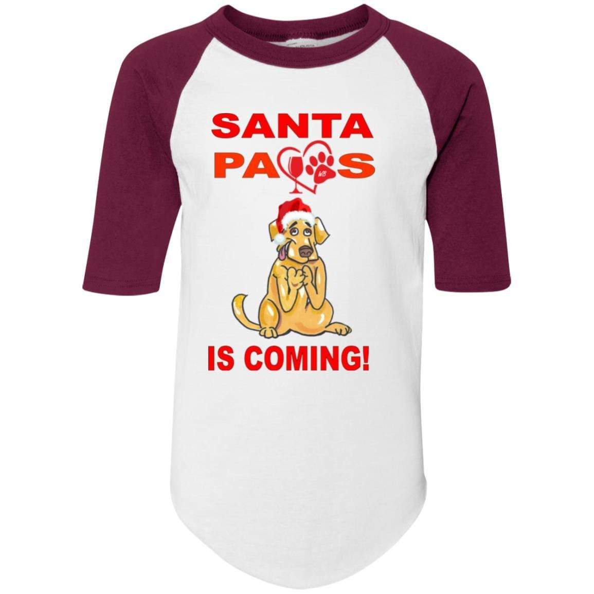 Santa Paws Is Coming - Youth Colorblock Raglan Jersey for Dogs | Christmas Pet Apparel | Holiday Photo Outfits & Festive Dress Up
