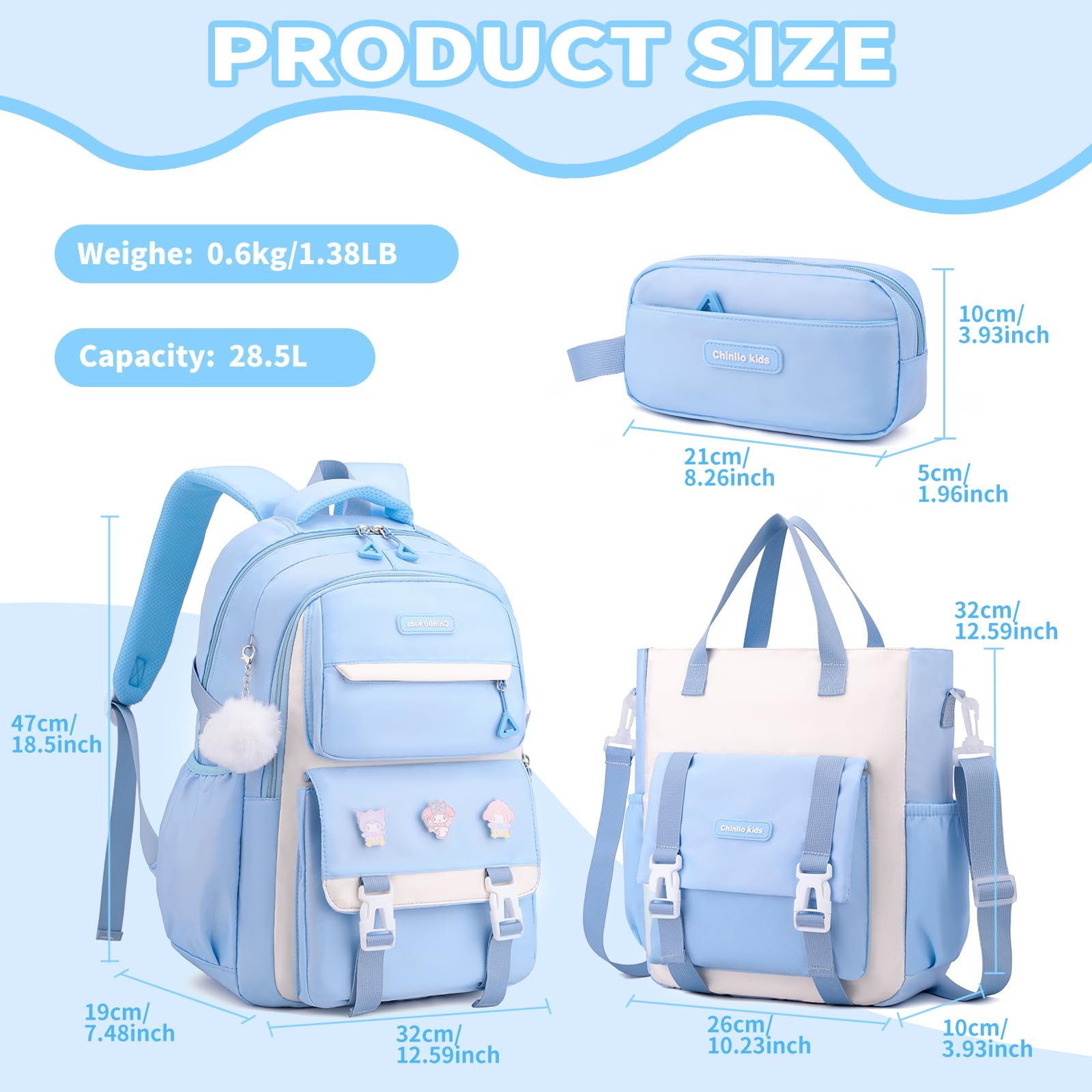 **Girls Backpack Set - 3pcs Blue School Backpack for Teen & Kids, Lightweight Bookbag for Elementary, Middle & High School - Perfect for Daily Use, Travel & Outdoor Activities**