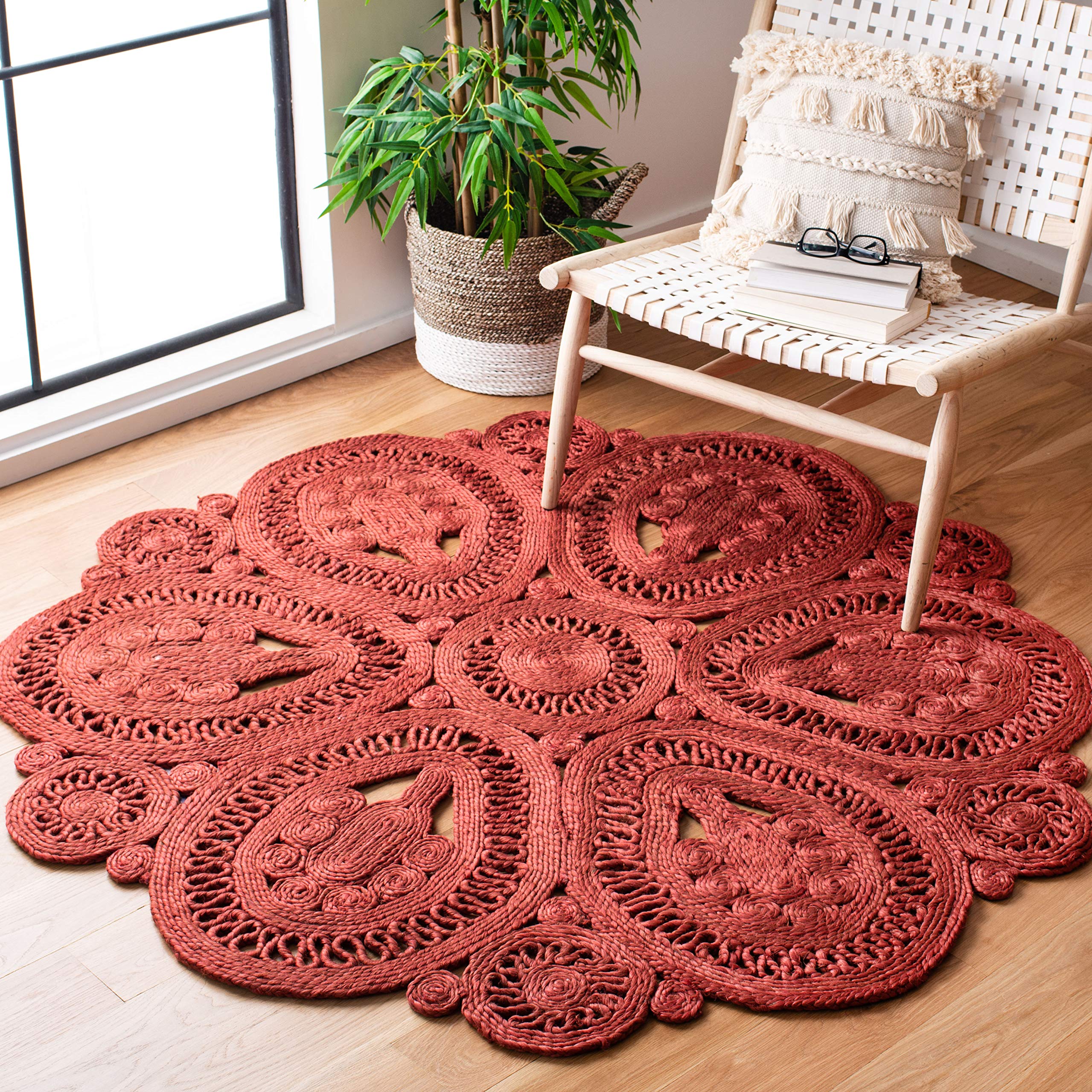 SAFAVIEH Handmade Boho Jute Area Rug - 6' Round Rust Farmhouse Rug, Natural Fiber Collection for Living Room & Bedroom, Durable for High Traffic Areas | Perfect for Boho Decor & Cozy Home Style (NF360P)