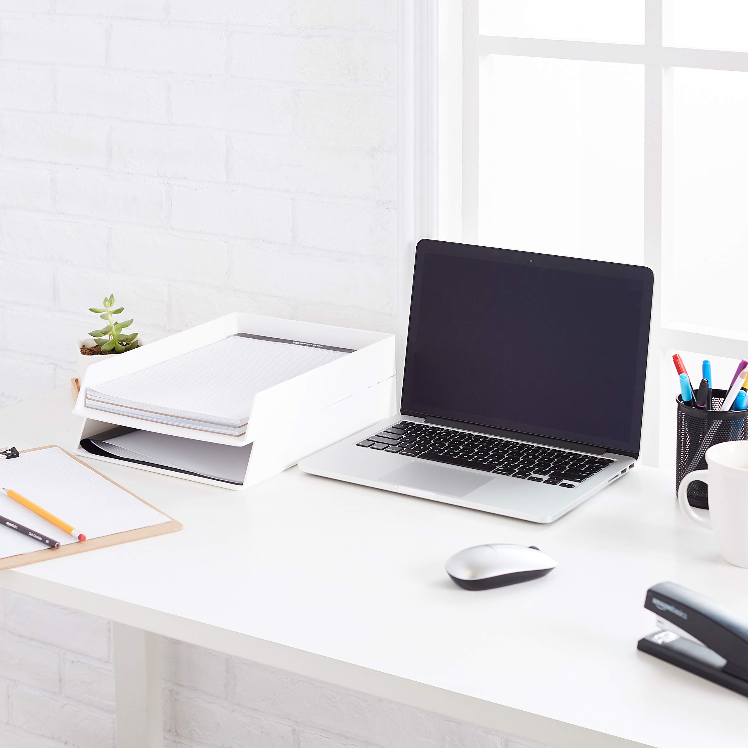 Amazon Basics 2-Pack White Plastic Desk Organizer & Letter Tray - Perfect for Office, Home, or School Organization - Stackable File Holders for Papers, Documents, and Supplies