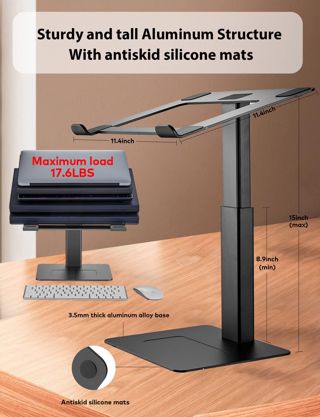 Ergonomic Adjustable Laptop Stand for Desk - 7 to 15 Inches Height, Aluminum Laptop Riser for MacBook & Notebooks (11-17 Inches) - Perfect for Home Office, Gaming & DJ Setup (Black)