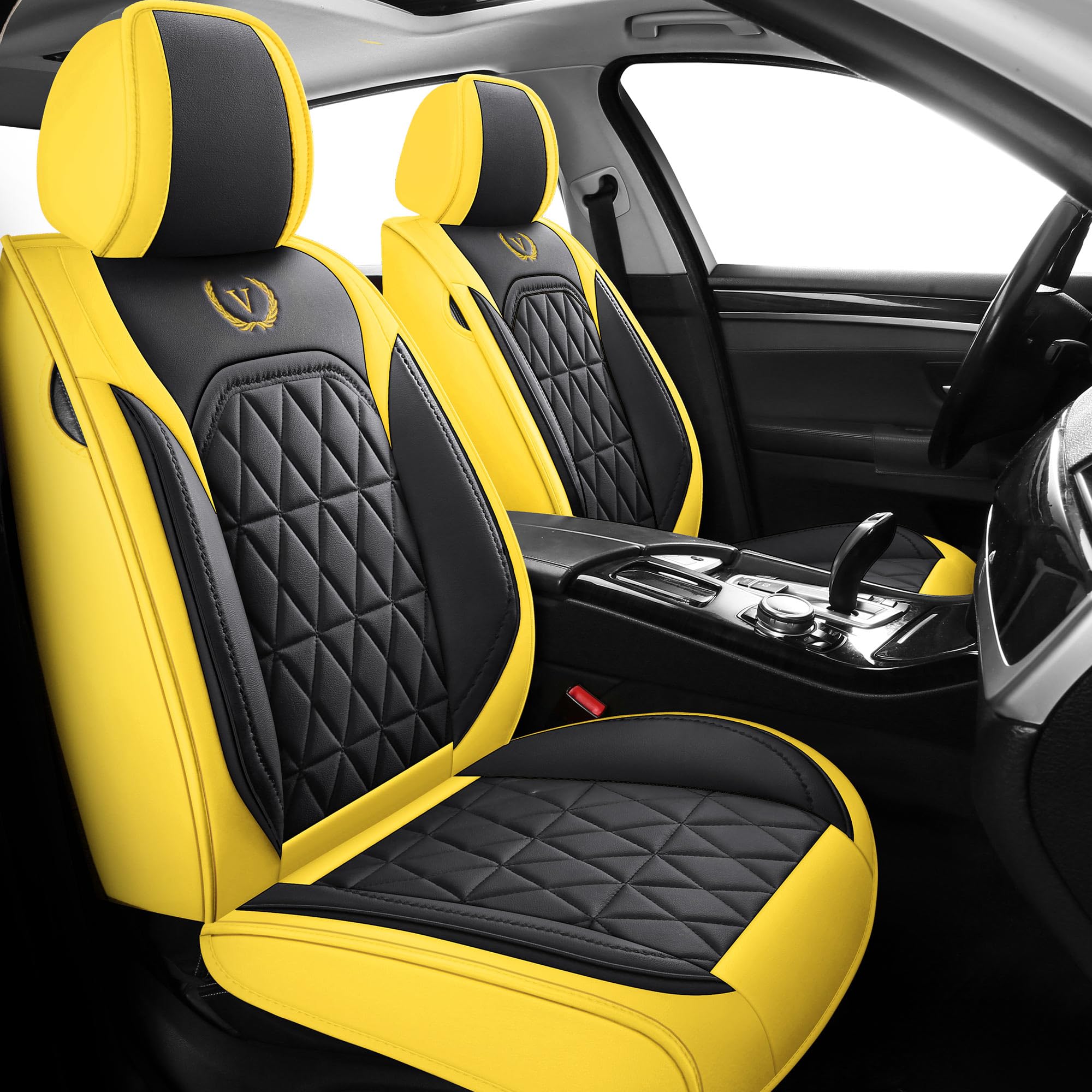 Premium YJZT01 Yellow & Black Leather Car Seat Covers - Waterproof Front & Rear Full Set for Cars, SUVs, Trucks | Universal Fit | Durable Protection for Daily Commute, Road Trips & Off-Road Adventures