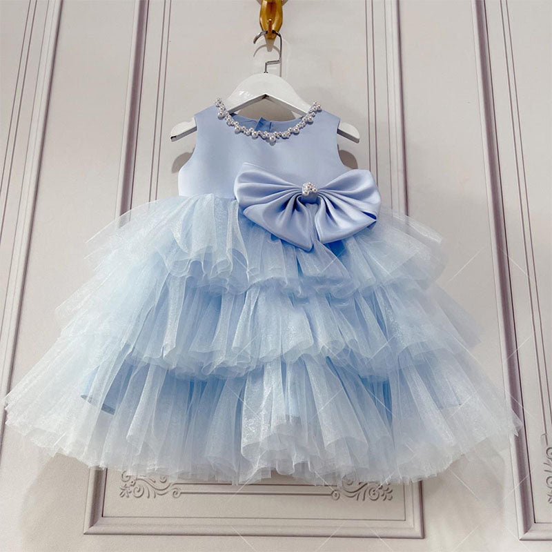 Baby Girl Blue Sleeveless Ball Gown with Cake Flower Design - Perfect for Birthday Parties, Special Occasions & Photo Shoots