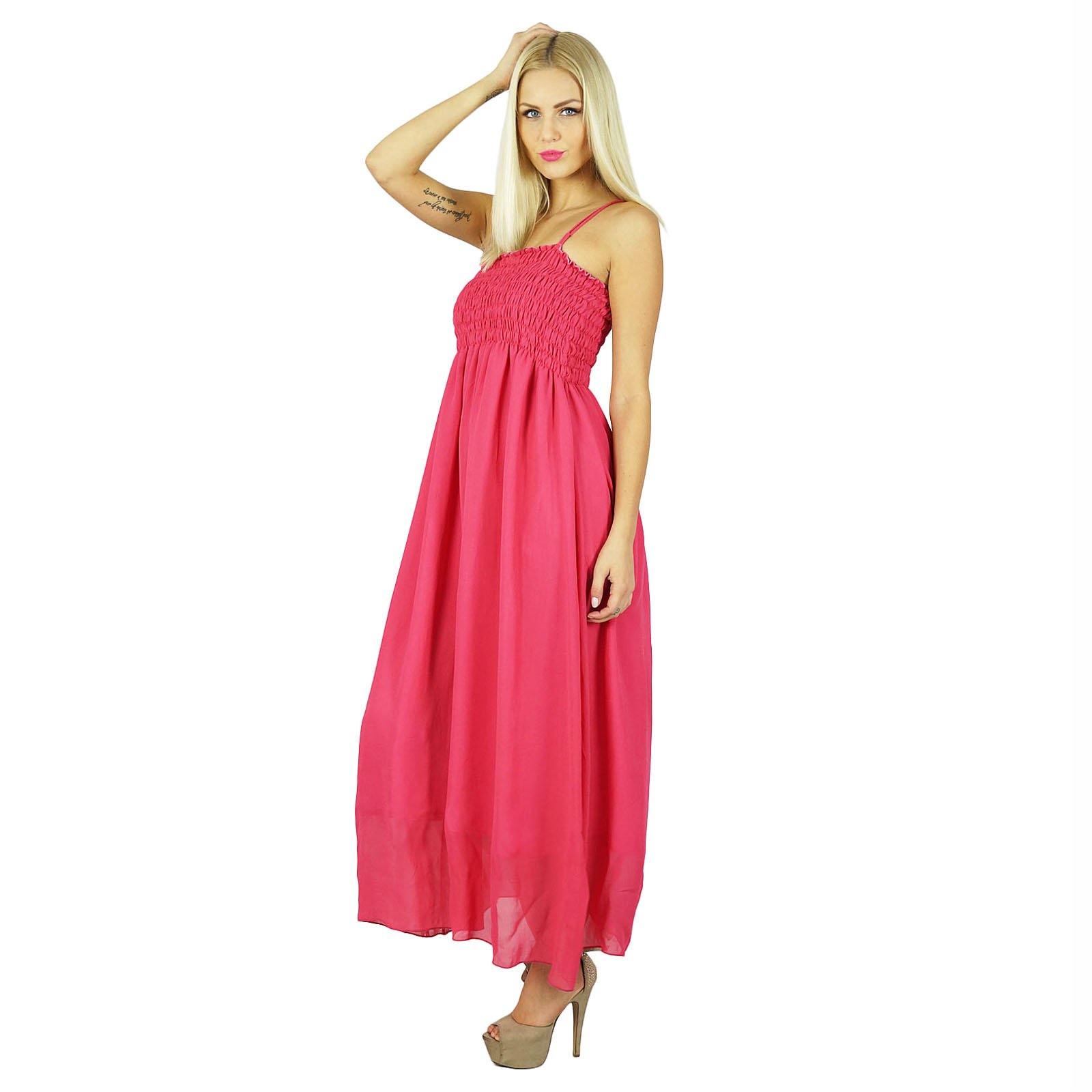 Bimba Women's Long Maxi Dress 2 Piece Set - Flowy Georgette Smocked Gown with Ruffle Sleeves - Perfect for Beach Vacation, Summer Party & Boho Wedding