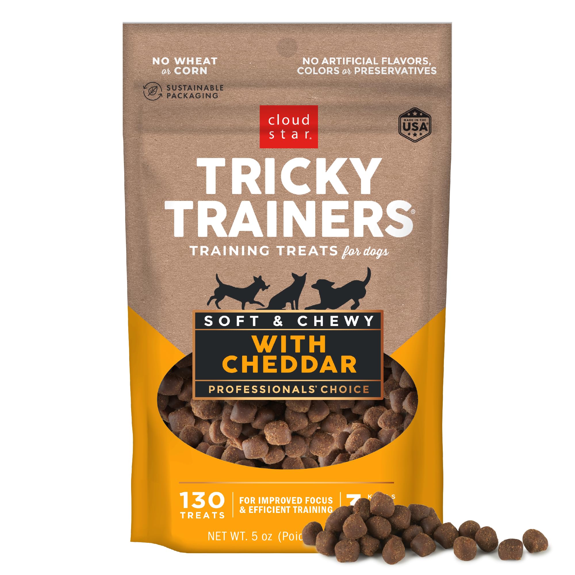 Cloud Star Tricky Trainers Soft & Chewy Dog Training Treats - 5 oz Pouch, Cheddar Flavor, Low Calorie Behavior Reward with 130 Treats | Perfect for Obedience Training, Puppy Socialization & Positive Reinforcement at Home or Outdoors