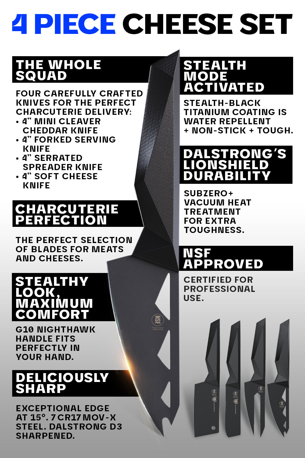 Premium 4-Piece Cheese Knife Set - Shadow Black Series - NSF Certified - Dalstrong - Perfect for Cheese Boards, Charcuterie & Entertaining