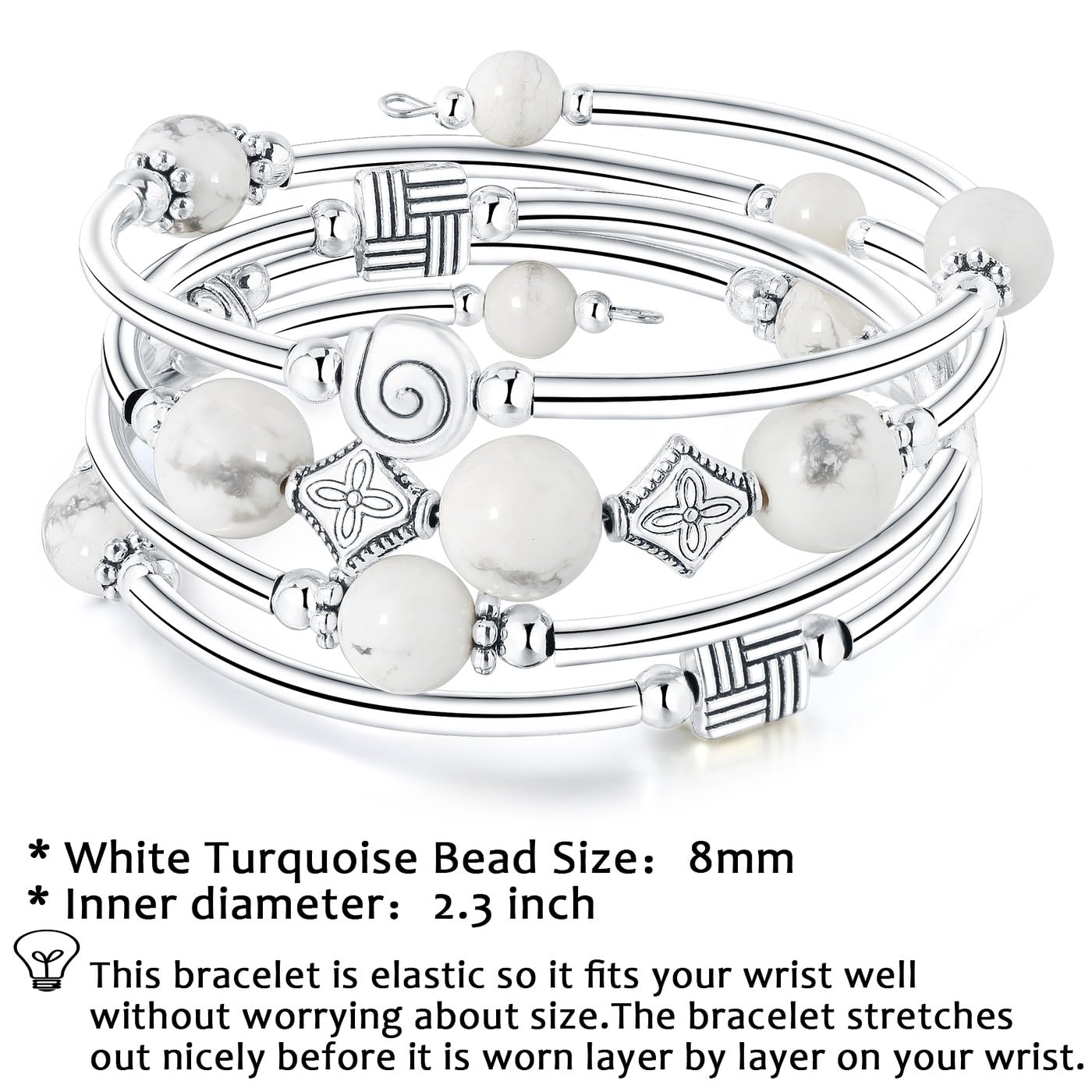 Silver Bangle Bracelet for Women - Elegant Layered Crystal Beaded Stretch Bracelet 8mm, Anxiety Relief Jewelry Gift for Her - Perfect for Parties, Weddings, and Everyday Wear