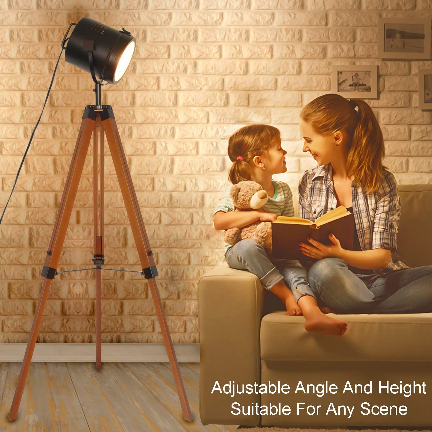 Farmhouse Tripod Floor Lamp - Industrial Adjustable Standing Light with Wooden Legs & Black Metal Spotlight, E26 Fixture for Living Room, Bedroom, Office - Perfect for Reading, Relaxing & Modern Home Decor