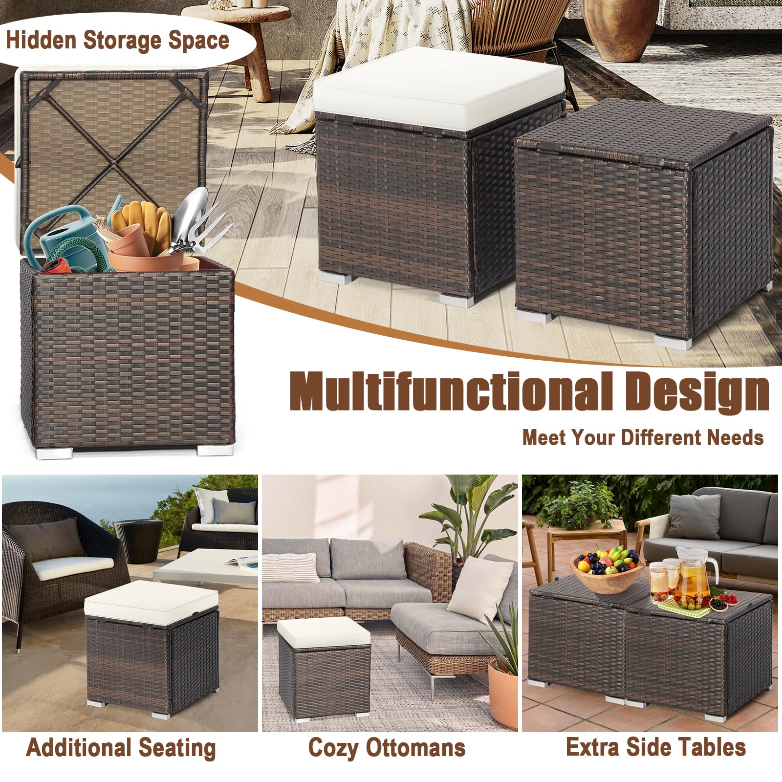 RELAX4LIFE 2-Piece Wicker Outdoor Storage Ottoman Set with Removable Cushion - Rattan Footstool, Multipurpose Footrest, Side Table & Extra Seating - Perfect for Patio, Deck, Garden & Poolside (Off White)