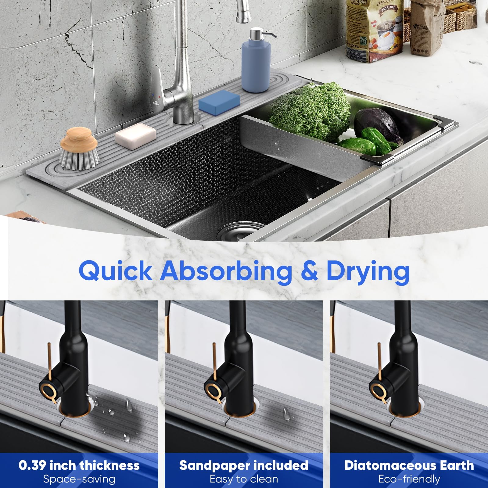 Premium Diatomite Sink Tray - Super Absorbent Fast Drying Stone Mat for Kitchen & Bathroom (23.6x3.9 Inch, White) | Prevents Moisture & Splashes - Perfect for Countertops Under Faucets
