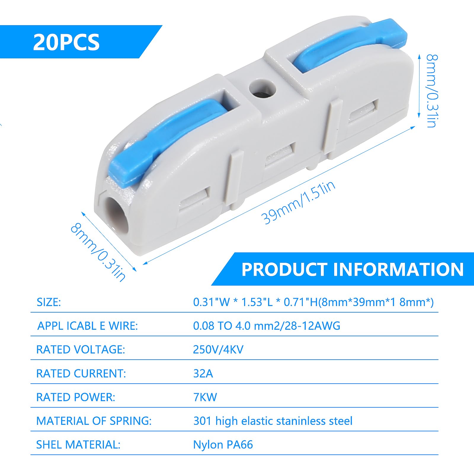 20pcs Lever Wire Connectors - Compact Single Wire Connectors Assortment for 28-12 AWG (Blue) | Electrical Splicing, DIY Projects, Home Wiring & Automotive Repairs