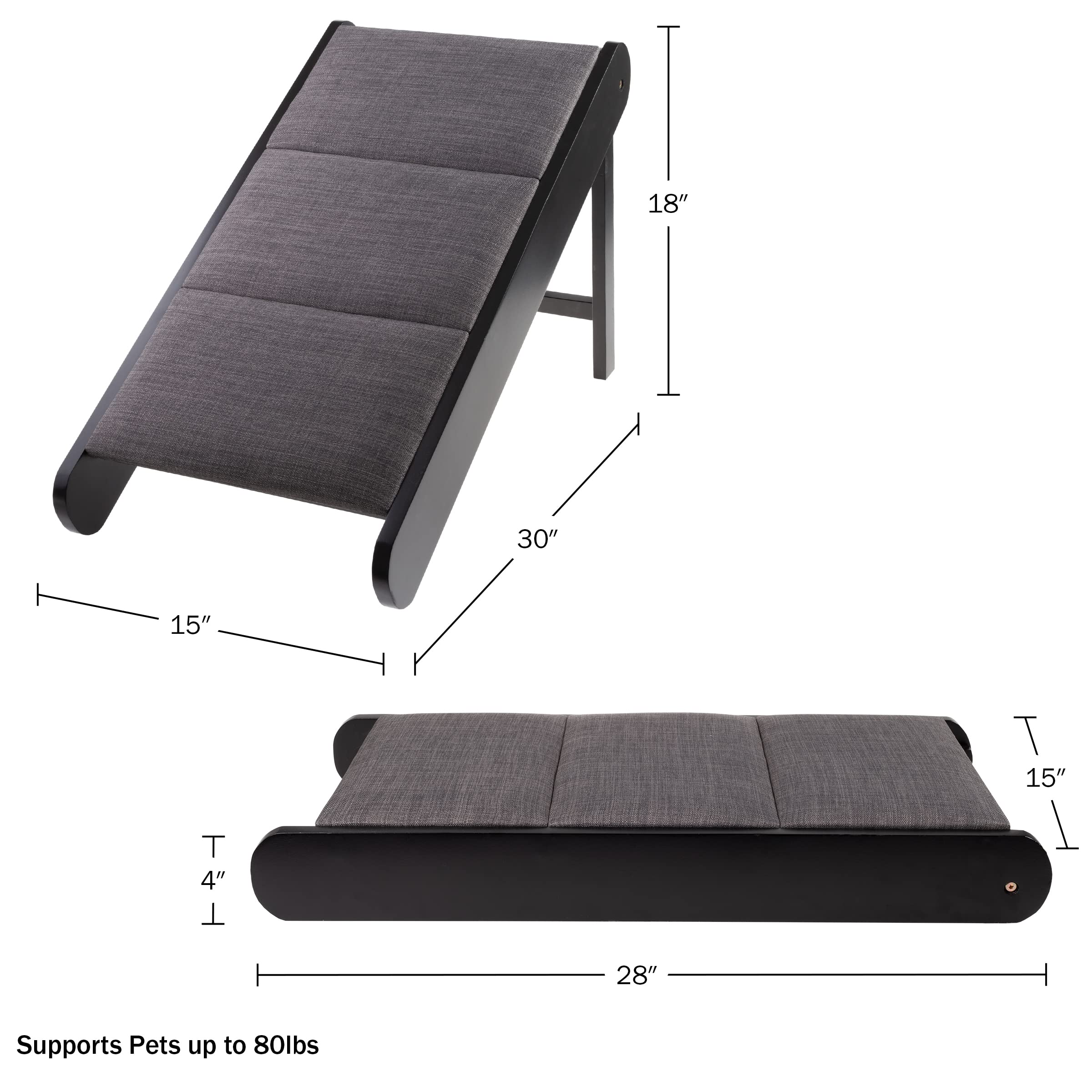 Foldable Wooden Pet Ramp for Small Dogs - Lightweight Dog Stairs for Beds, Couches & Cars - Portable Pet Accessories by PETMAKER (Black/Gray) - Perfect for Elderly Pets, Post-Surgery Recovery & Traveling with Your Dog