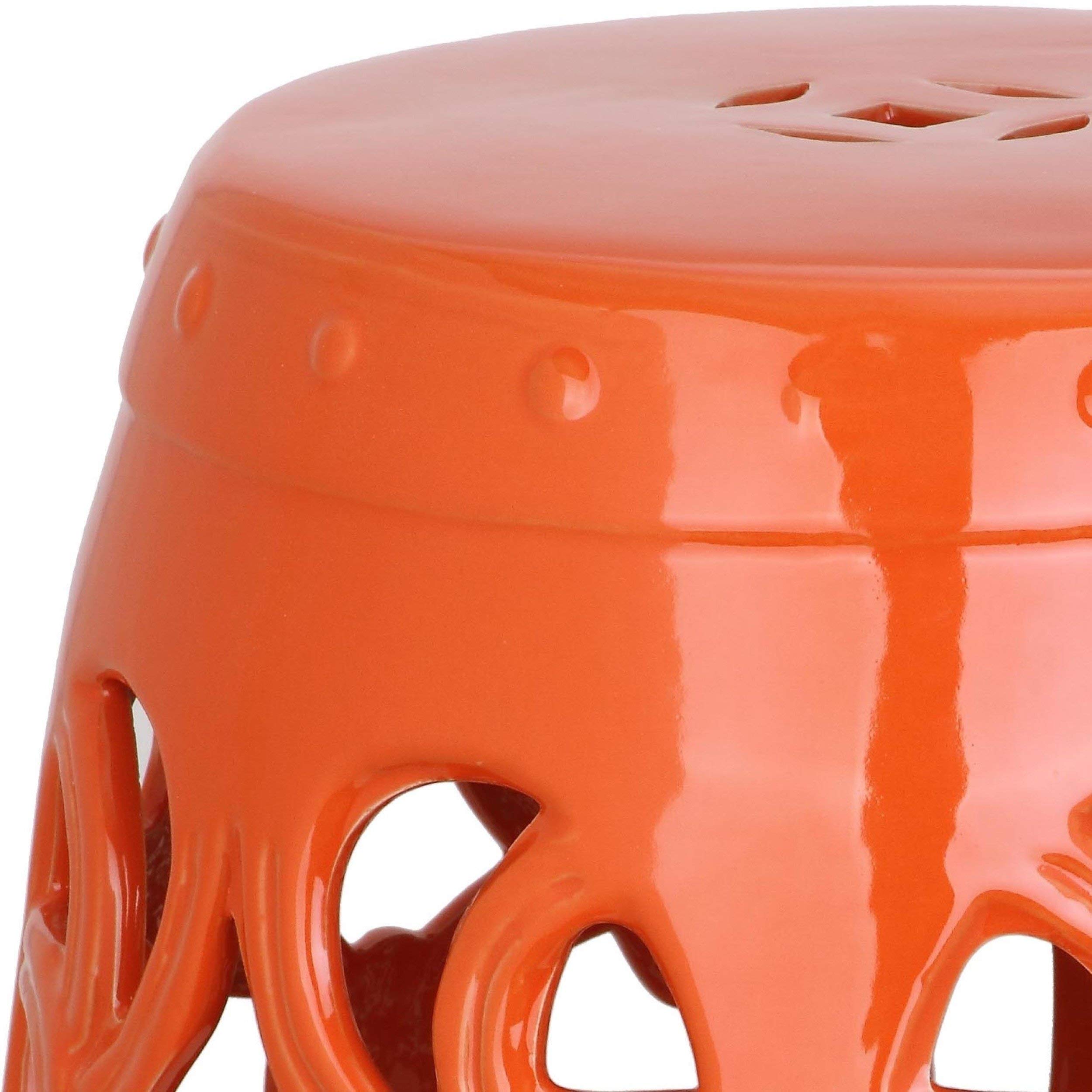 Orange Boho Plant Stand - Ceramic Patio Stool with Geometric Design, Coastal Outdoor Table for Moroccan Backyard, Deck & Lawn Decor | Perfect for Bohemian Gardens, Balconies & Poolside Areas