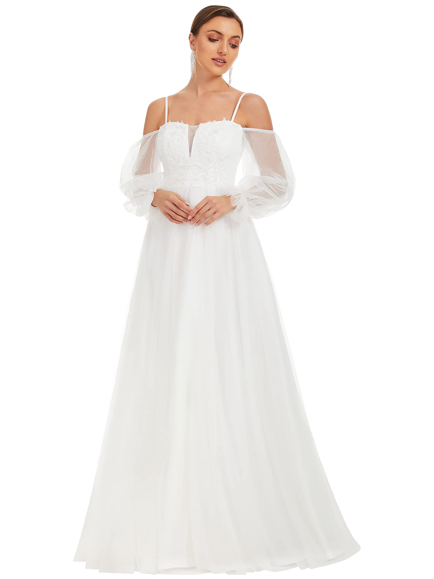 Ever-Pretty Women's Elegant A-Line Off Shoulder Wedding Dress with Spaghetti Straps & Floral Appliques - Perfect for Beach Weddings, Garden Ceremonies, and Romantic Photoshoots