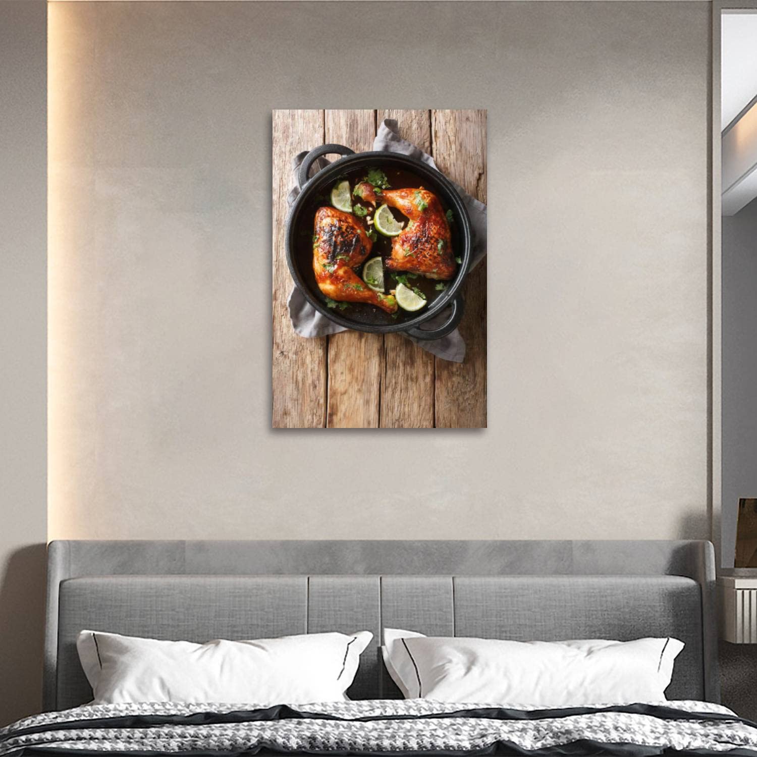 Premium Framed Canvas Wall Art - Tamarind Chicken Quarter Leg with Lime in Frying Pan Vertical Kitchen Decor | Large 24x36 Inch Ready to Hang Painting for Living Room, Bedroom & Dining Room | Perfect for Foodie Home Decor & Restaurant Wall Art