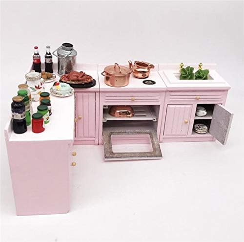 1:12 Scale Dollhouse Miniature Furniture - Pink Wooden Kitchen Cabinet Set with Sink & Countertops | Deluxe Miniature Kitchen Accessories for Dollhouse Decor | Perfect for Dollhouse Displays, Miniature Collectors & DIY Projects