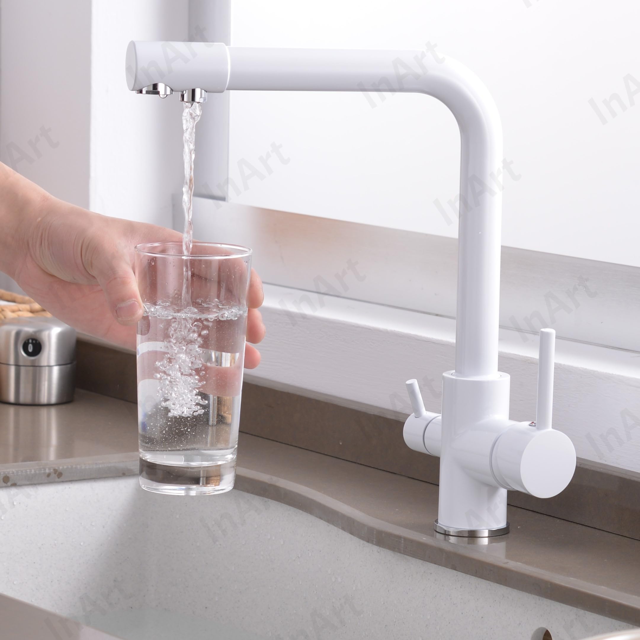 360° Swivel Brass Kitchen Sink Faucet with 3-Way Water Filter - Dual Lever Deck Mounted White Faucet for Modern Home Kitchen & RV Use