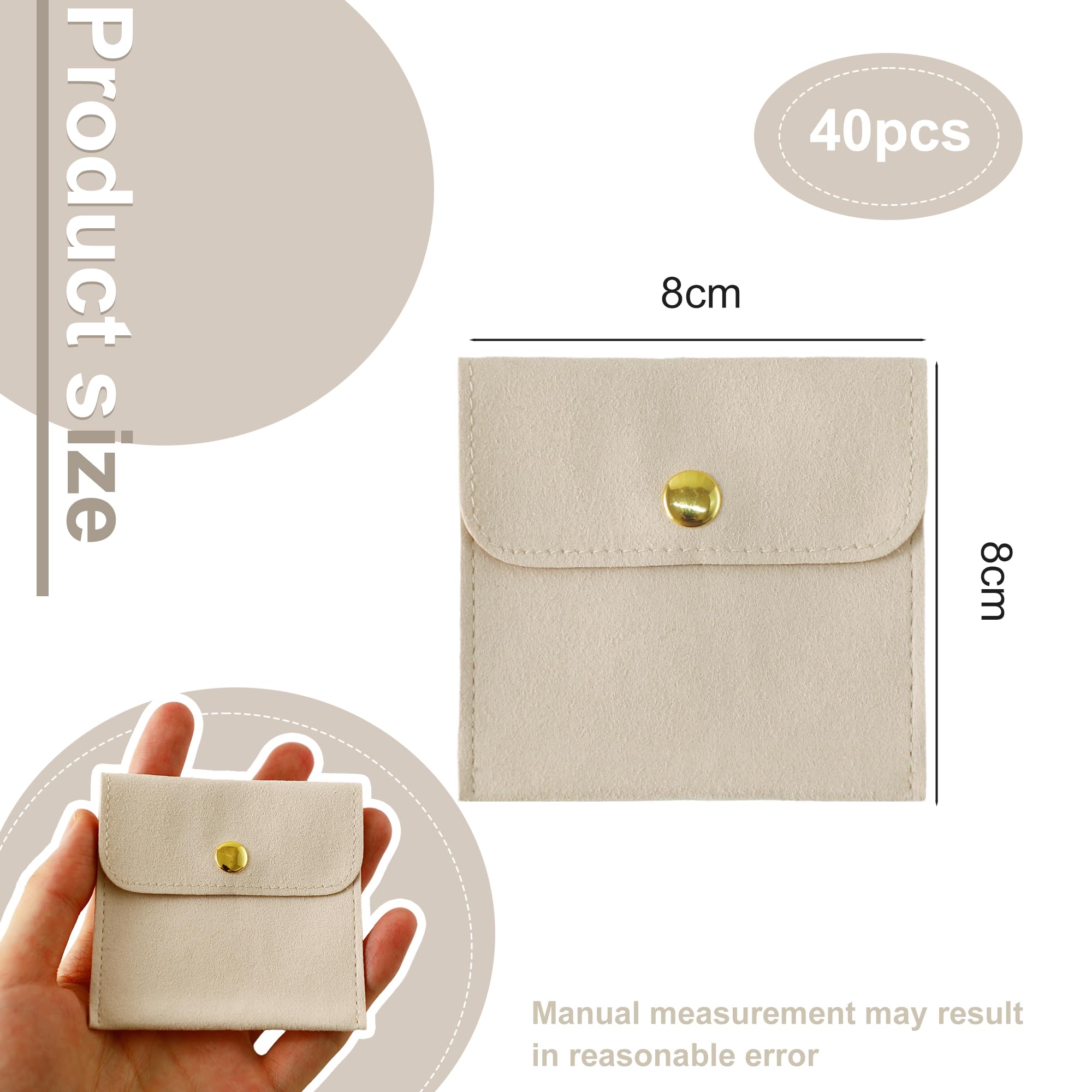 40pcs Ivory Microfiber Jewelry Pouch Button Closure Bag 8x8cm - Luxury Jewelry Packaging, Small Gift Bags for Earrings, Necklaces, Bracelets & Rings - Perfect for Wedding Favors, Bridesmaid Gifts & Jewelry Storage