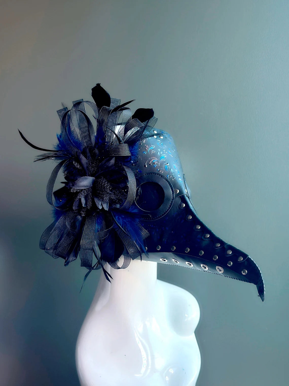 Black and Blue Feathered Plague Doctor Mask - Steampunk Costume Accessory for Halloween, Cosplay, and Renaissance Fairs