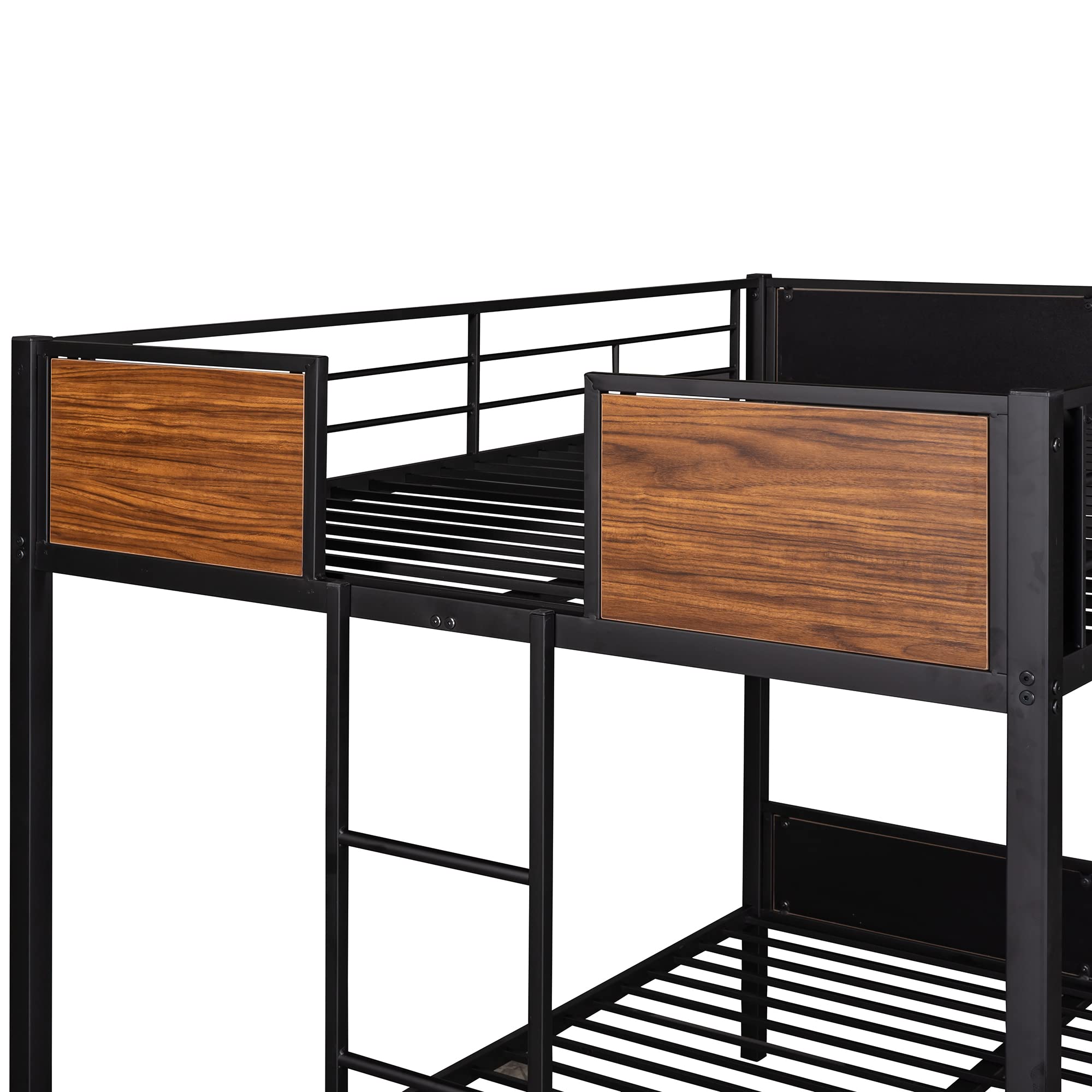 Full Over Full Metal Bunk Bed - Heavy Duty Steel Frame with Safety Rail & Built-in Ladder - Modern Black & Brown Bunk Bed for Kids, Teens, Dorm Rooms & Space-Saving Bedroom Solutions