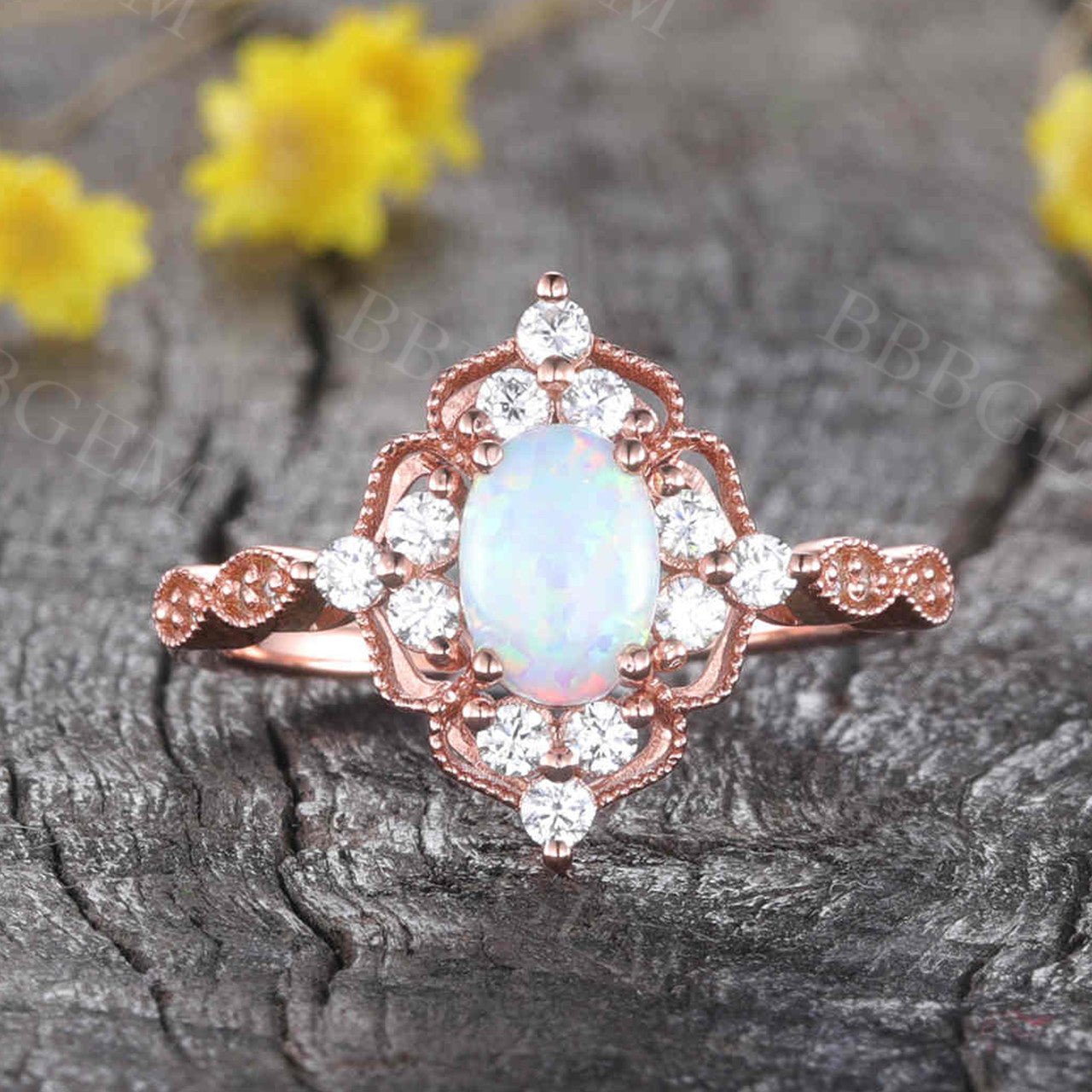 Vintage Opal Engagement Ring 14K Rose Gold Oval Halo Diamond Wedding Band for Women - Perfect for Anniversary, Proposal & Special Occasions