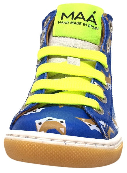 **Boys & Girls Blue Leather Fox Print High Top Sneakers - Stylish Lace-Up Shoes for Kids, School, Play & Outdoor Activities**