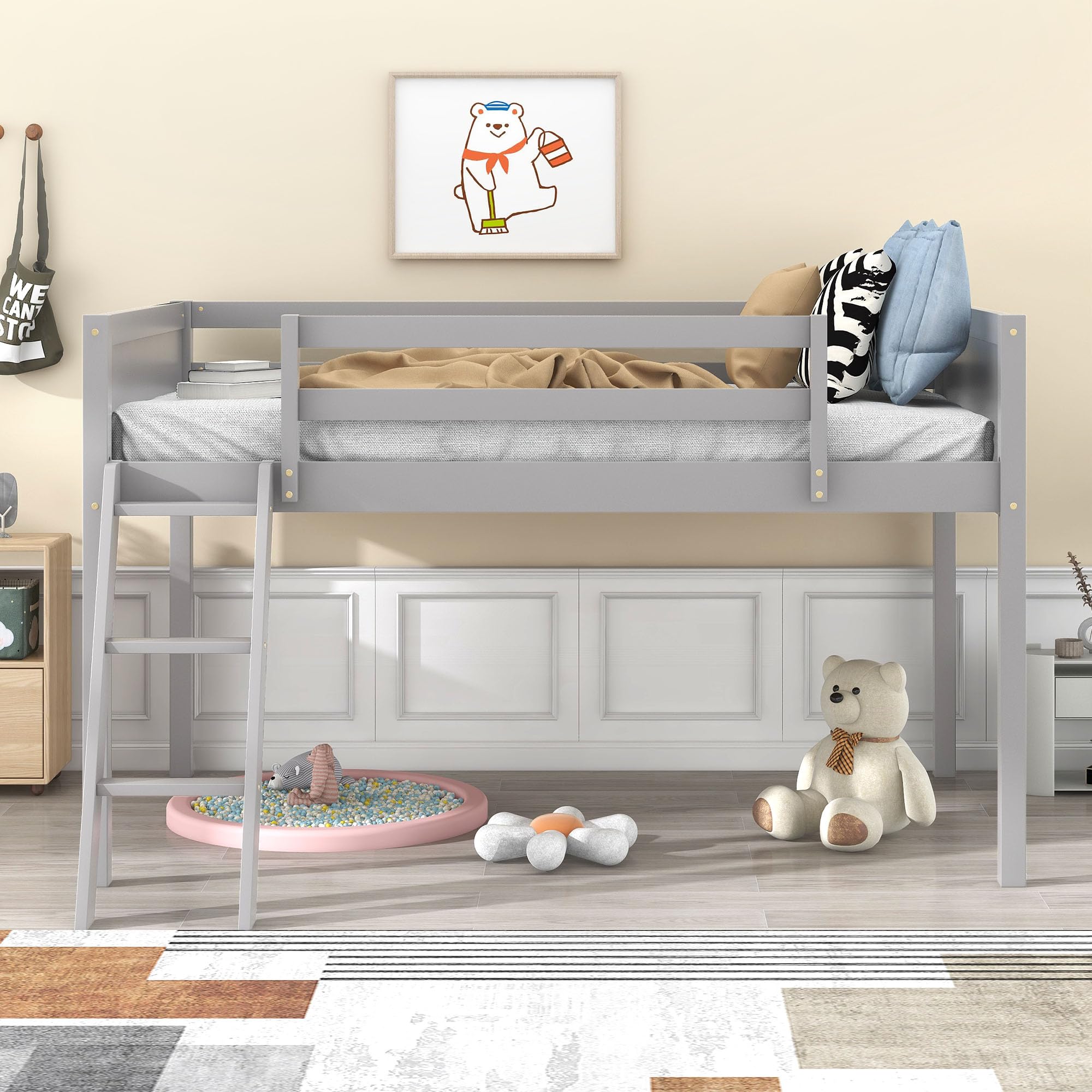 Harper & Bright Designs Twin Low Loft Bed for Kids - Sturdy Wood Frame with Ladder & Safety Guardrails - Perfect for Small Rooms, Dorms, or Shared Spaces - Gray (Twin Size, Ideal for Girls, Boys & Teens)